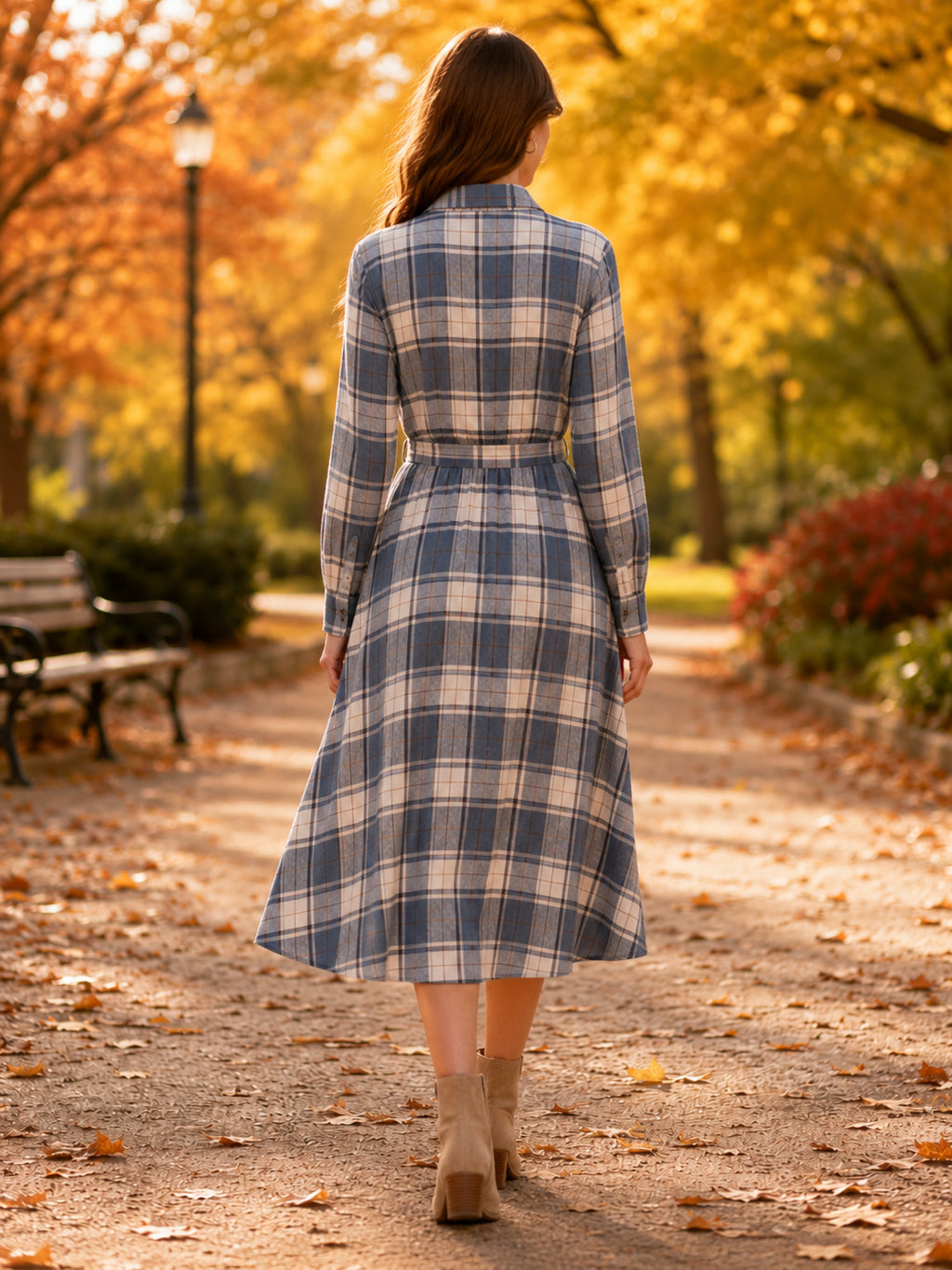 Blue Grey Plaid Shirt Collar Long Sleeve Park Midi Dress back view