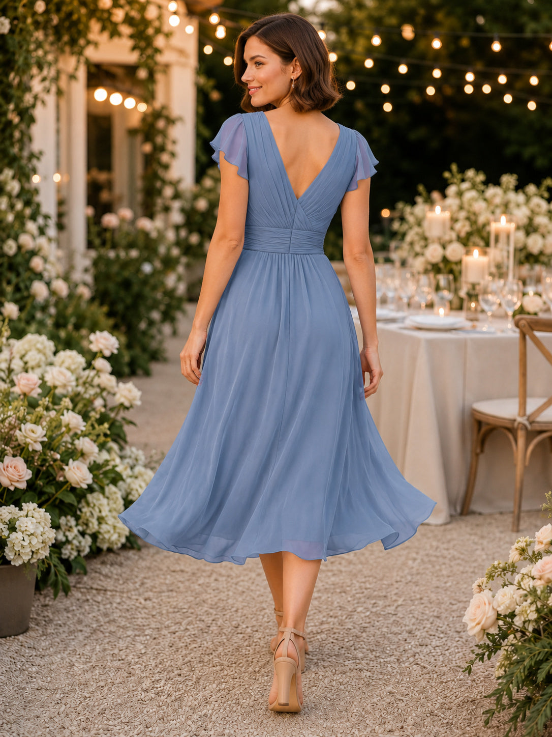 Steel Blue V-neck Chiffon Rehearsal Dinner Dress back view