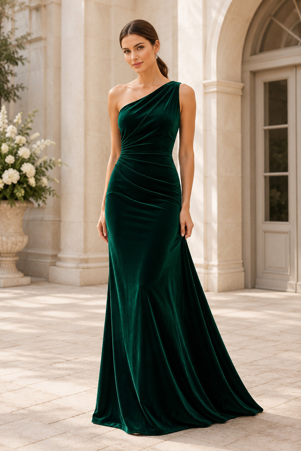 Dark Green One-Shoulder Velvet Mermaid Evening Dress with Side Ruching and Sweep Hem front view