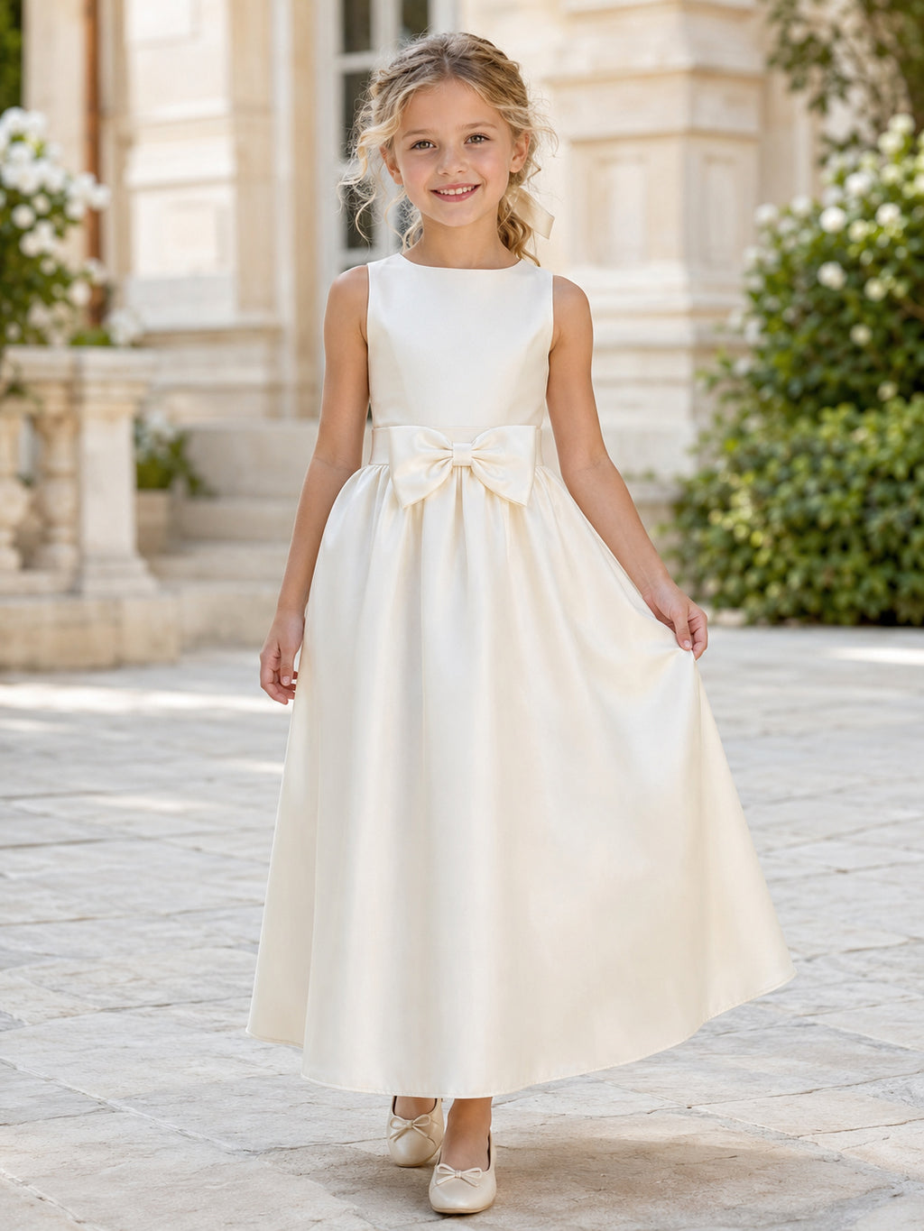 Satin Tulle with Bow Back Flower Girl Dress front view