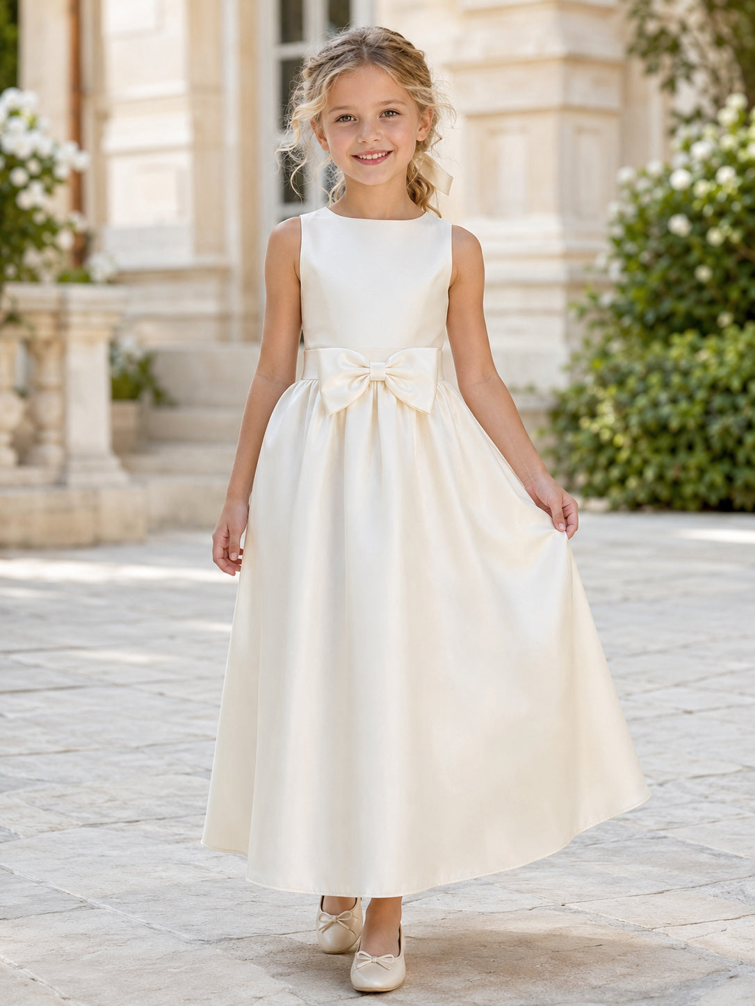 Satin Tulle with Bow Back Flower Girl Dress front view