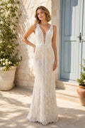 White Illusion Flutter Sleeves A-Line Lace Floor-length Wedding Dress With Lace and Layered Skirt