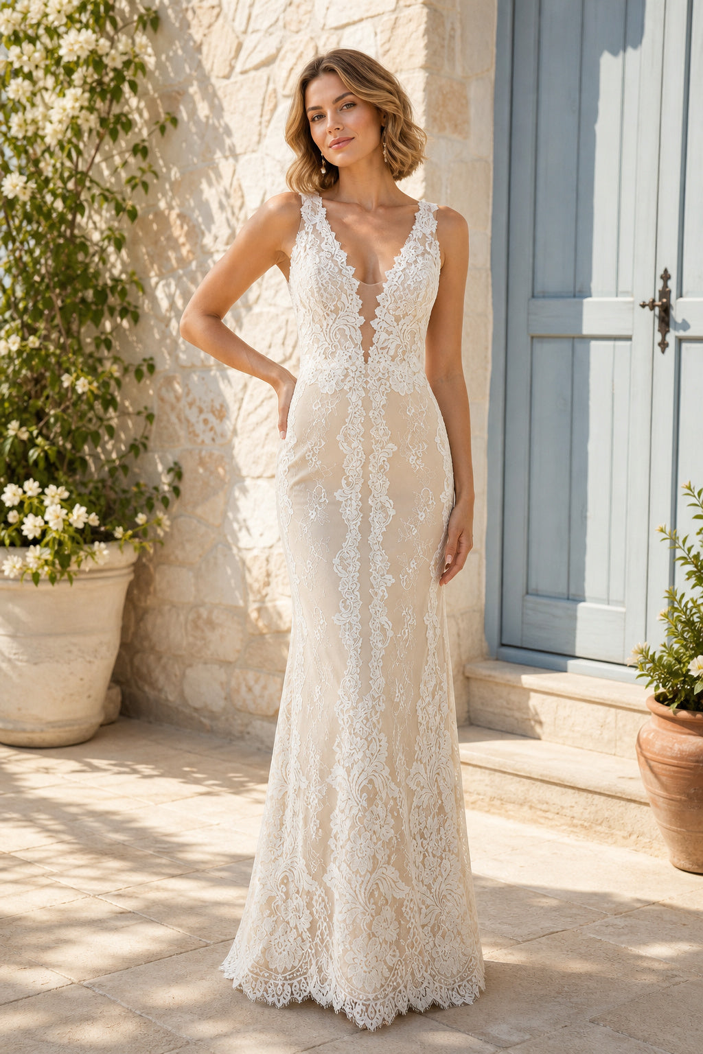 White Illusion Flutter Sleeves A-Line Lace Floor-length Wedding Dress With Lace and Layered Skirt