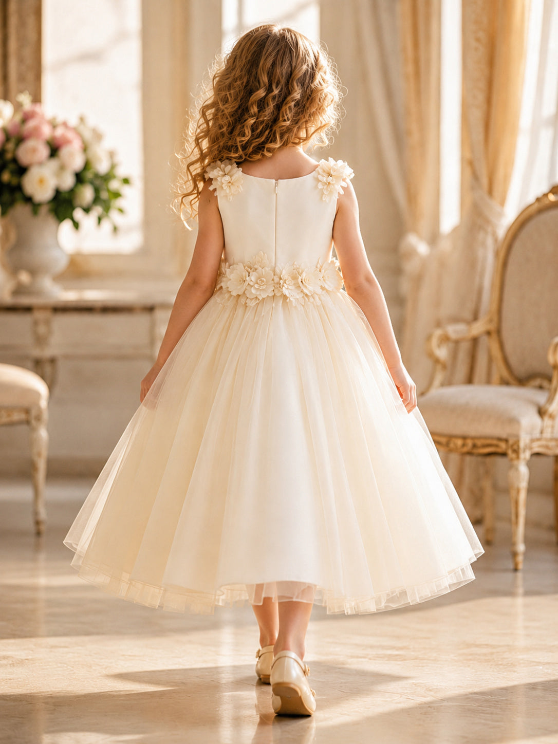 Bow Back Tulle A-Line Flower Girl Dress with Jewel Neck and Tea-Length Skirt back view