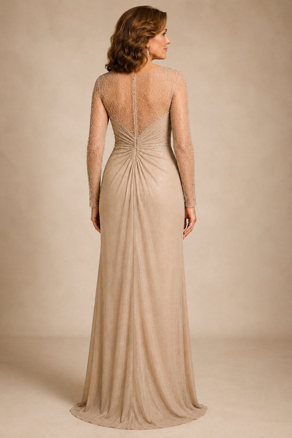 Champagne V-Neck Sheath Mother Dress with Long Illusion Sleeves and Side Draping back view