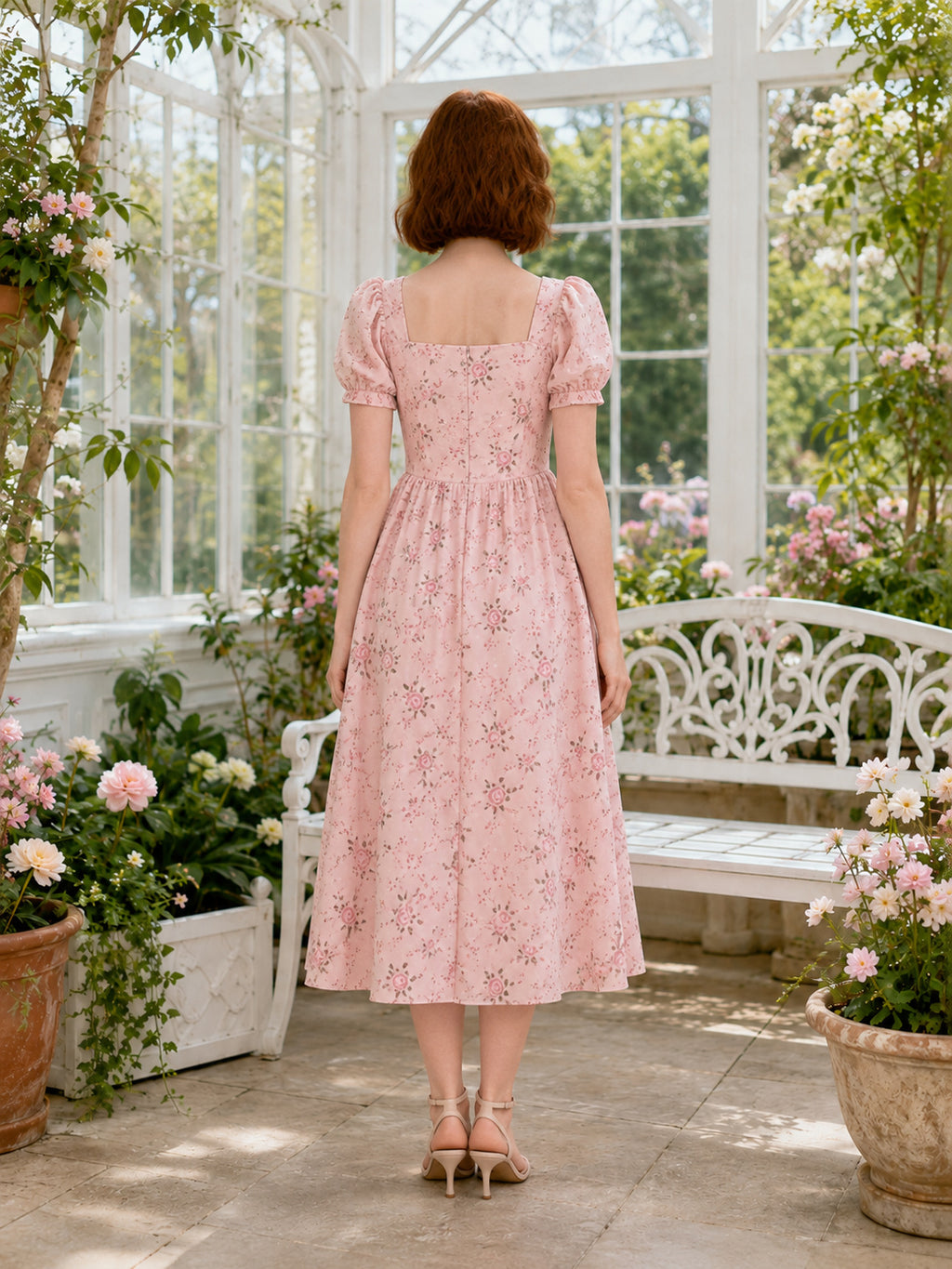 Light Pink Floral Short Sleeve A Line Midi Garden Dress back view