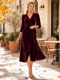 Burgundy Long Sleeve Wrap Velvet Fall Occasion Midi Dress front view