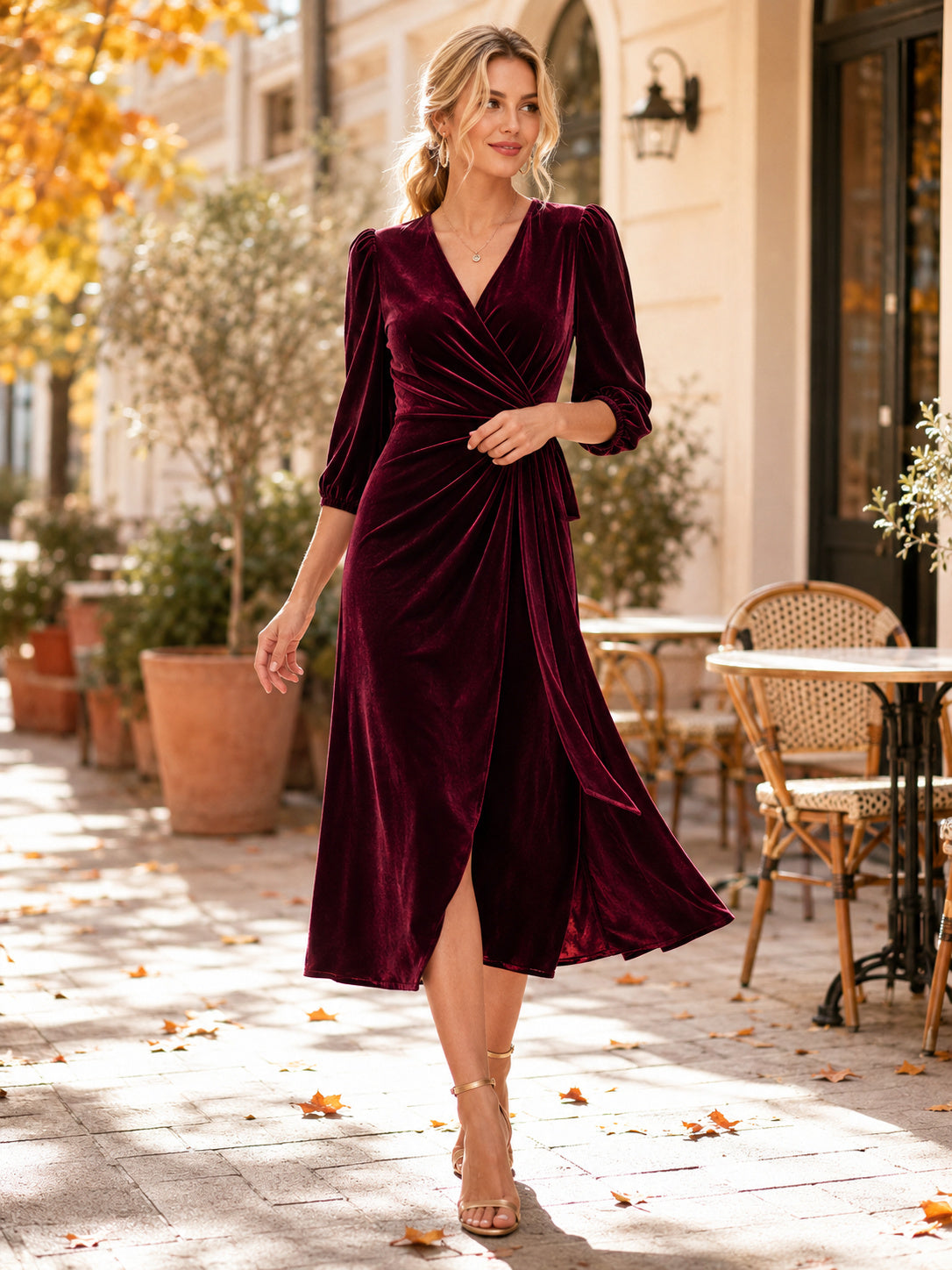 Burgundy Long Sleeve Wrap Velvet Fall Occasion Midi Dress front view