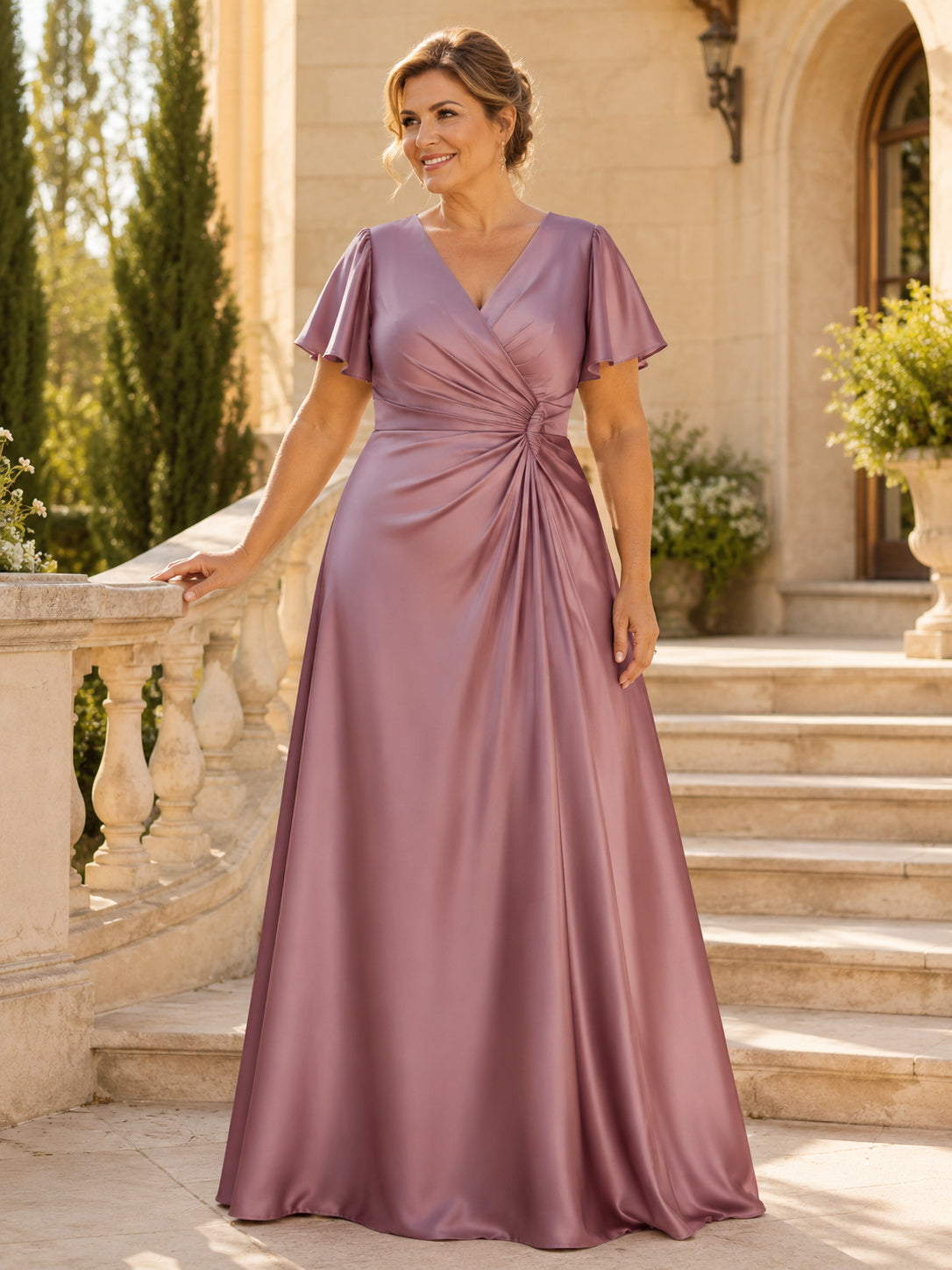 Plus Size Vintage Mauve Satin Elegant Mother Dress V-Neck Flutter Sleeve Ruched A-Line Floor-Length Gown front view