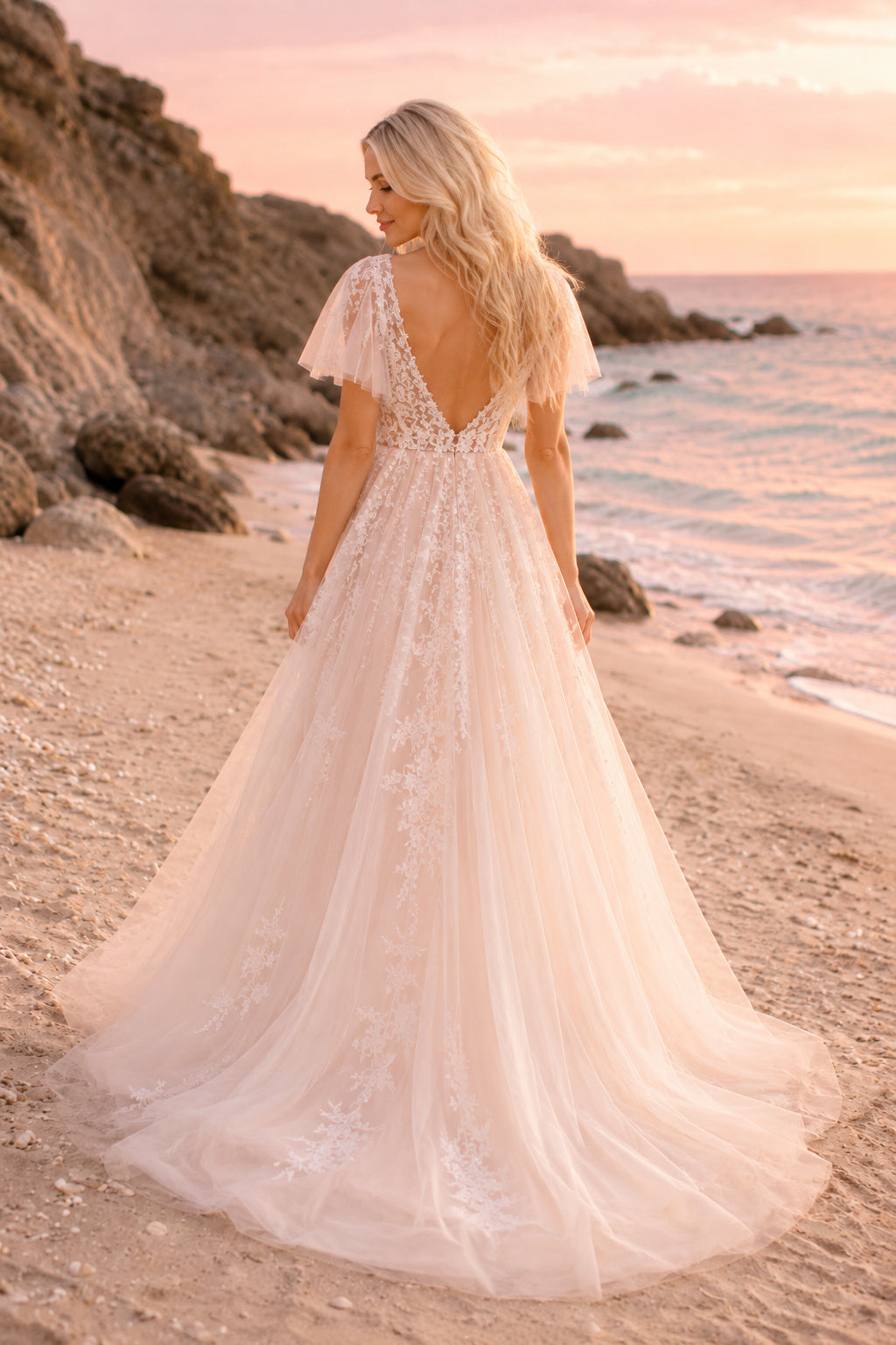 Blushing Pink Cap Sleeve V-Neck Tulle A-Line Wedding Dress Train for Bridal Ceremony and Reception back view