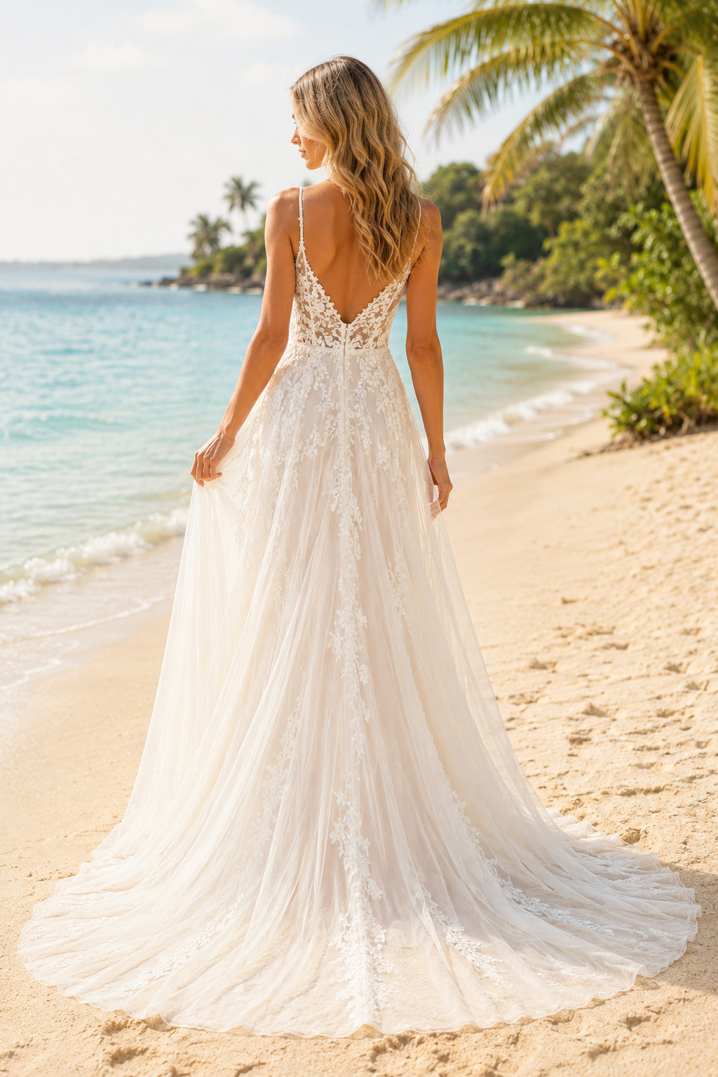 Ivory Spaghetti V-Neck Lace Tulle A-Line Wedding Dress Chapel Train for Bridal Ceremony and Reception Style MG_700799 back vi
