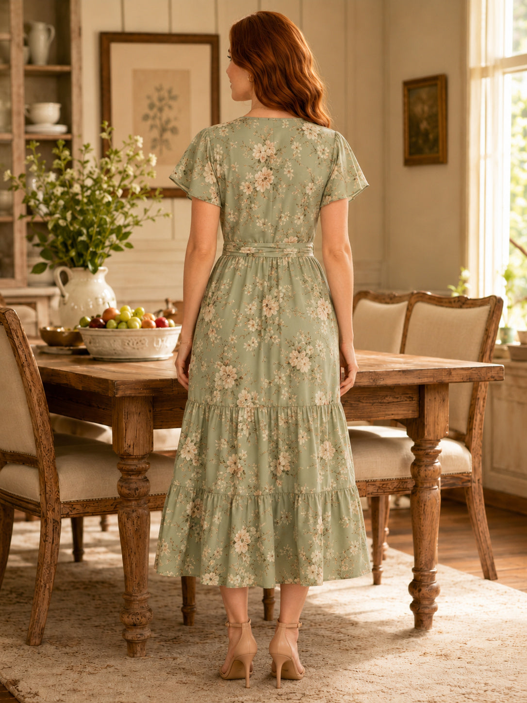 Sage Floral Wrap V Neck Tiered Midi Gathering Dress back view