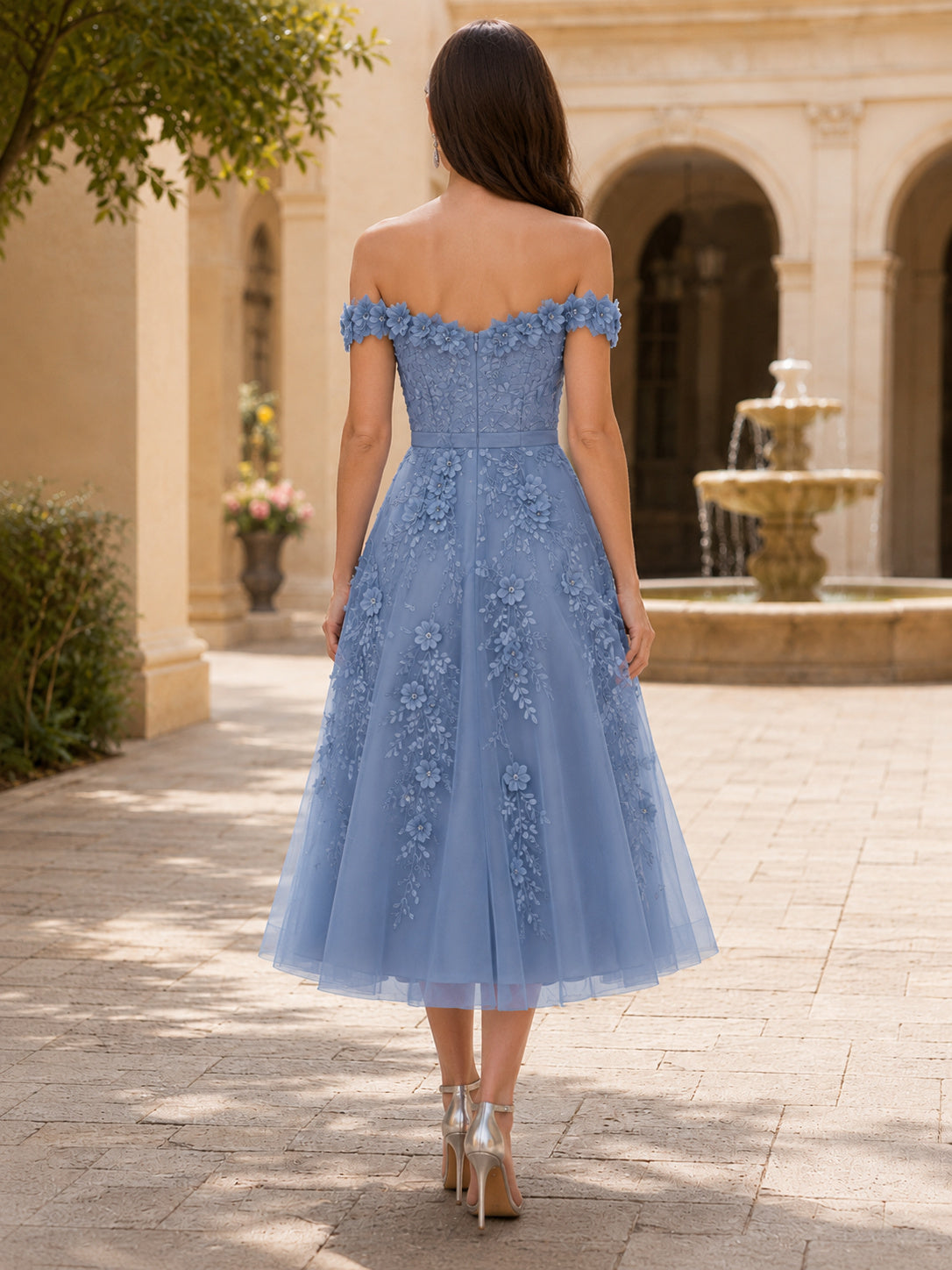 Steel Blue Off-the-shoulder 3D Floral Applique Dress back view