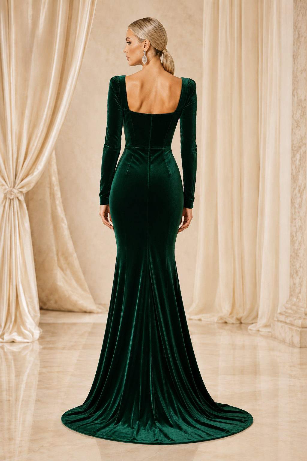 Dark Green Square Neck Long Sleeve Velvet Mermaid Evening Dress with Sweep Train back view