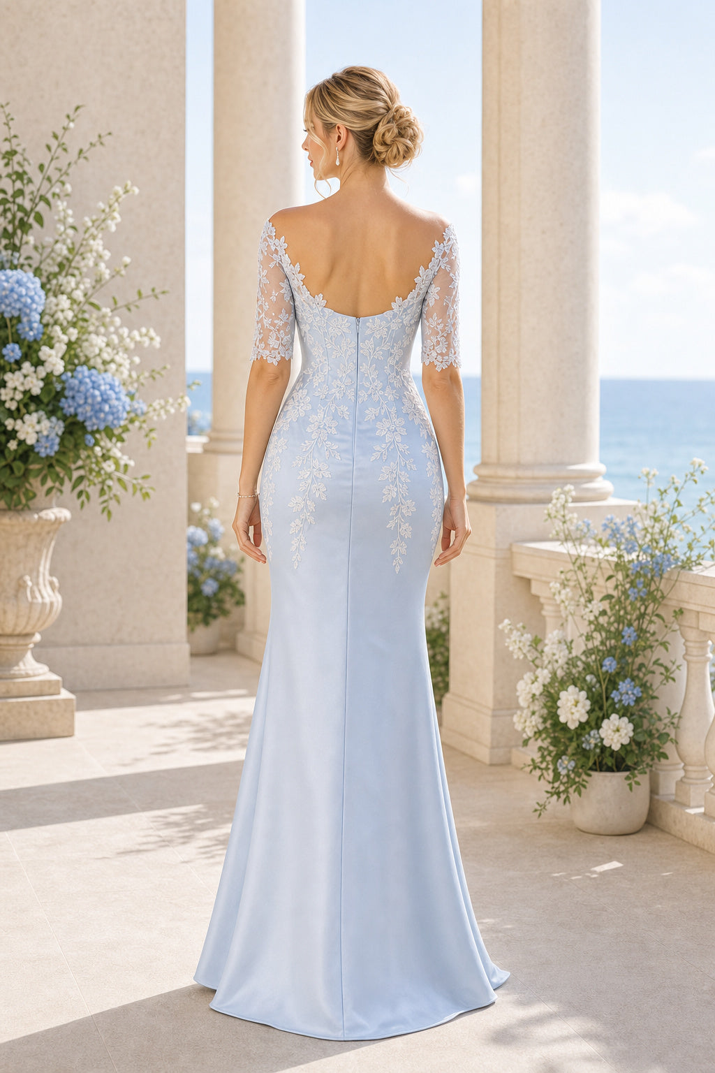 Light Blue V-neck Spaghetti Strap Mermaid Lace Floor-Length Dress With Train