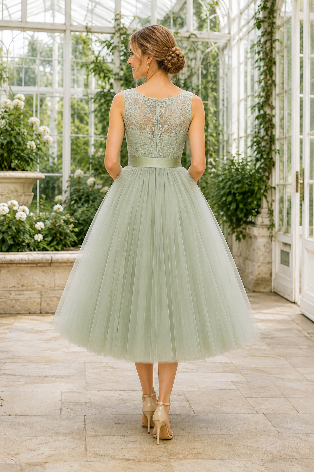 Sage Lace Bodice with Bow Sash and Tulle Skirt Tea Length A-Line Bridesmaid Dress back view