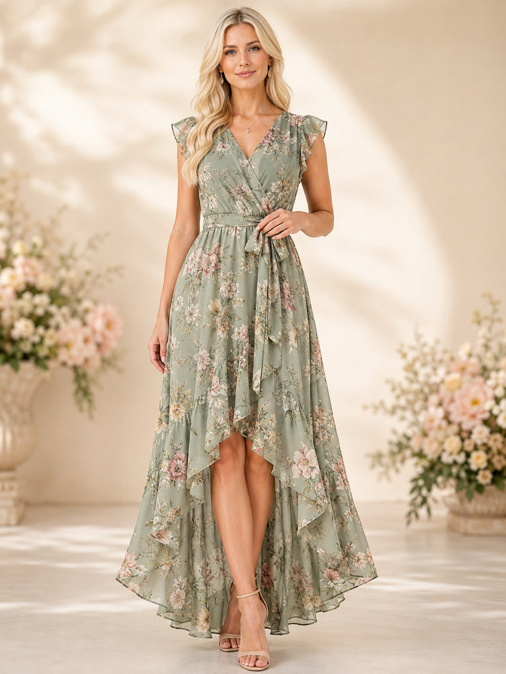 Sage Floral V-Neck High Low Garden Guest Dress front view