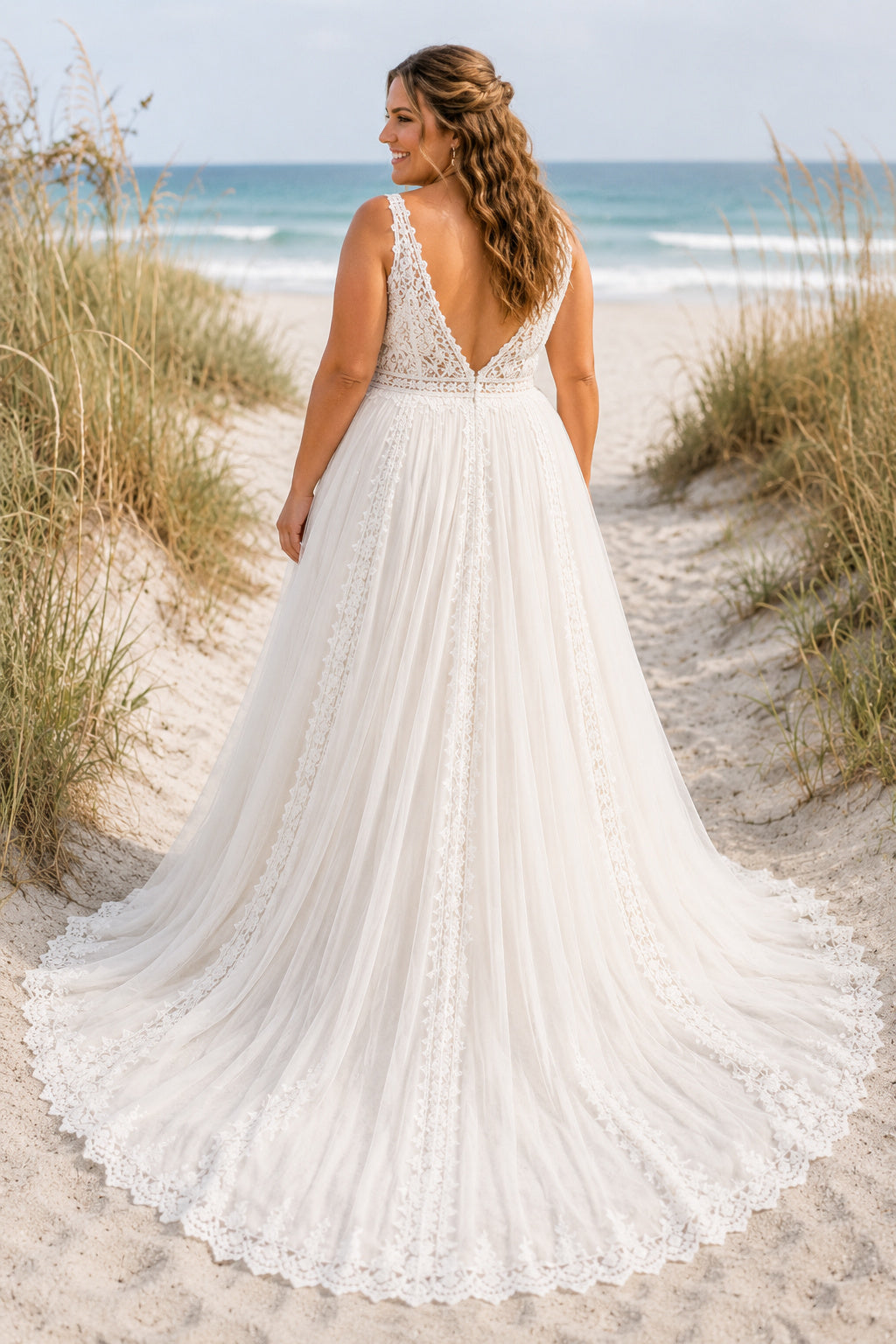 Plus Size Ivory V-Neck Sleeveless Lace Tulle A-Line Wedding Dress with Beaded Waist and Beach Chapel Train back view