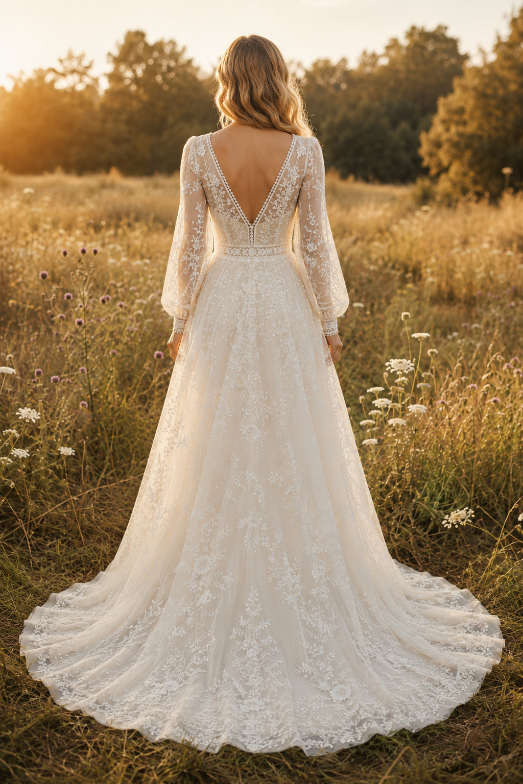 Ivory V-Neck Bishop Sleeve Lace A-Line Wedding Dress with Beaded Waist and Chapel Train back view