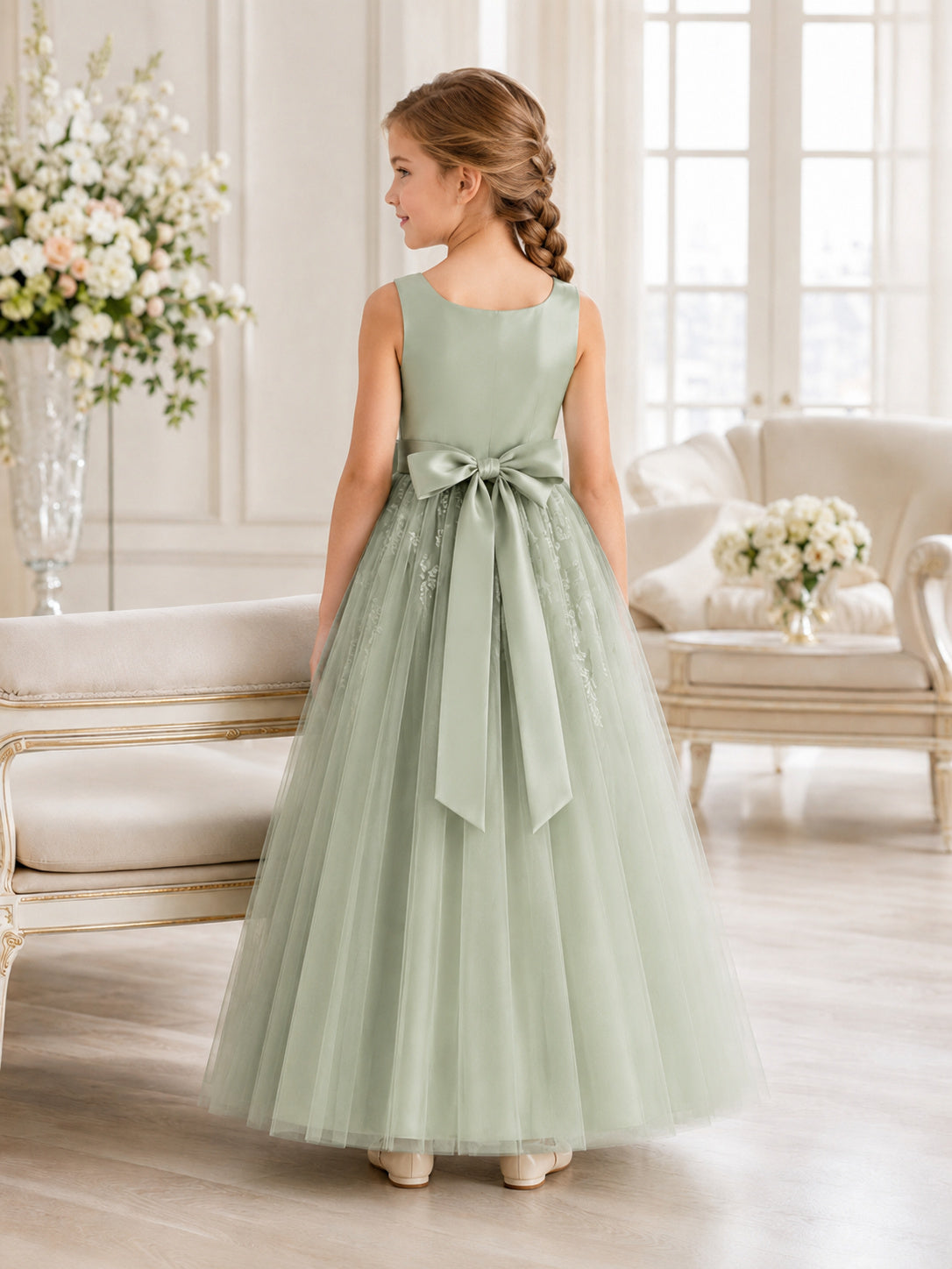 Sage Floral Applique Sleeveless Tulle Floor-Length A-Line Garden Flower Girl Dress back view