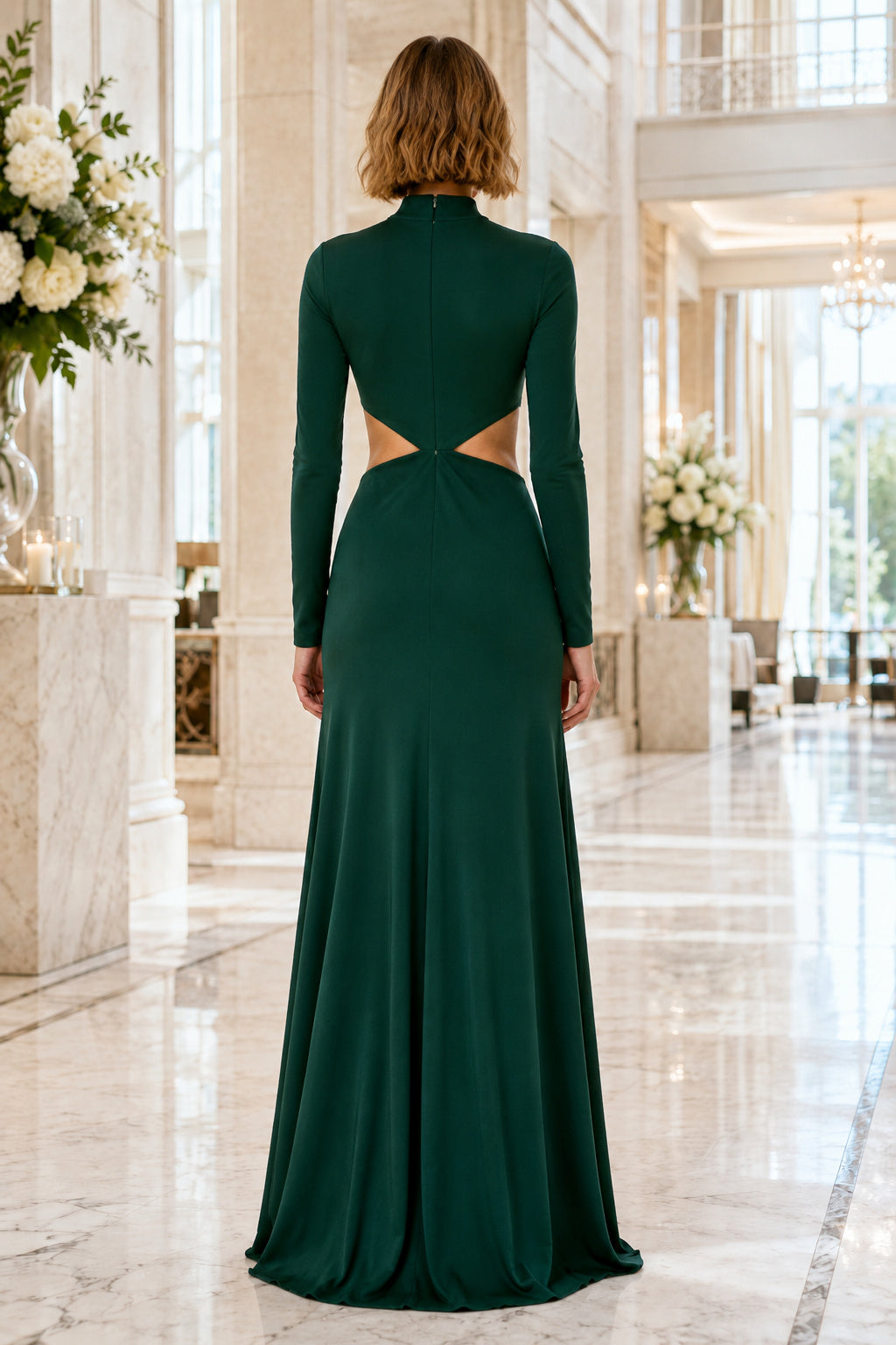 Emerald Long Sleeve High Neck Sheath Dress with Cutouts back view