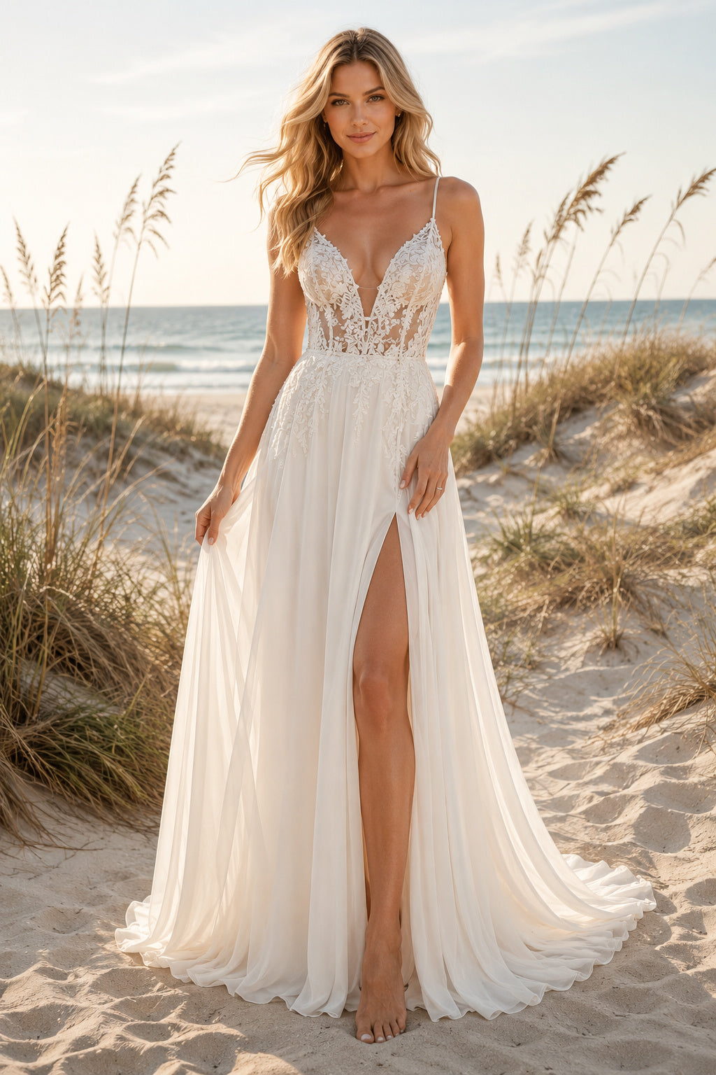 Ivory Sexy Spaghetti Neck A-Line Chiffon Tulle Wedding Dress with Spaghetti Straps and Sweep Train Style MG_701411 front view