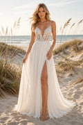 Ivory Sexy Spaghetti Neck A-Line Chiffon Tulle Wedding Dress with Spaghetti Straps and Sweep Train Style MG_701411 front view