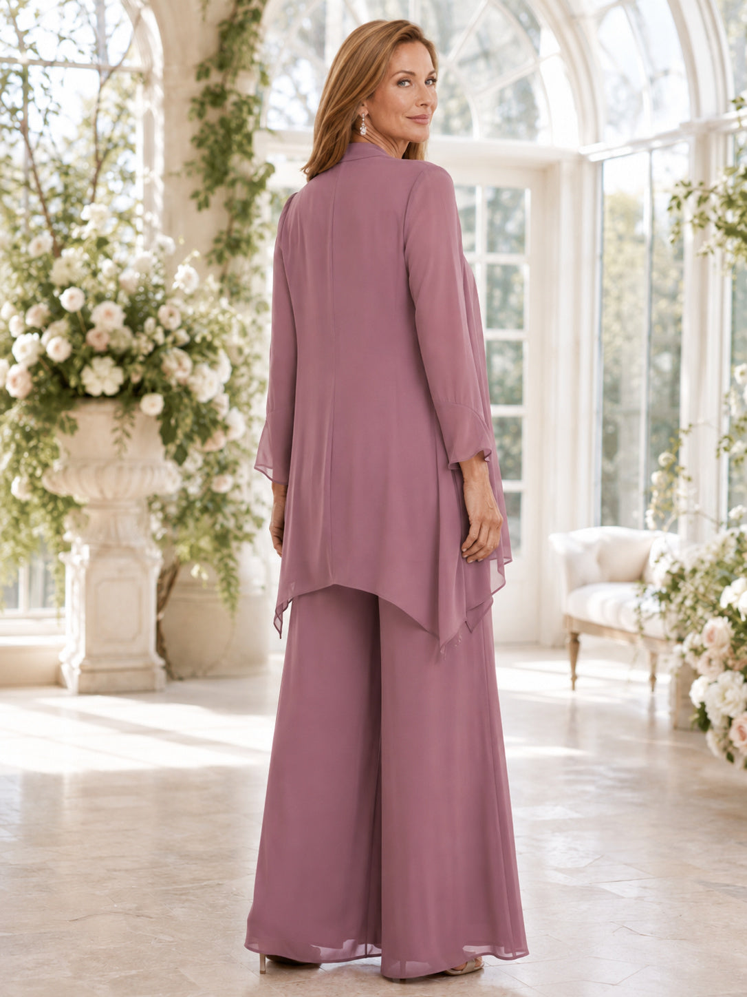 Vintage Mauve Tall Simple Palazzo Mother of the Bride Pantsuit Scoop Neck Three-Quarter Pointed Jacket Flowing Floor-Length T