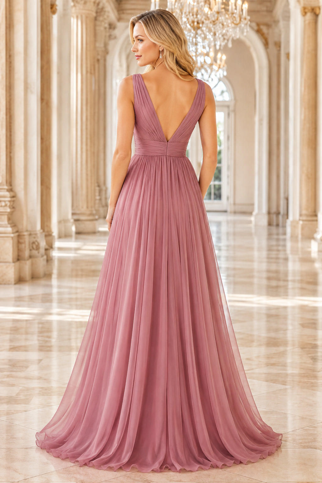 Dusty Rose V neck chiffon A line dress with pleated bodice and flowing skirt Floor-length A-Line Bridesmaid Dress back view