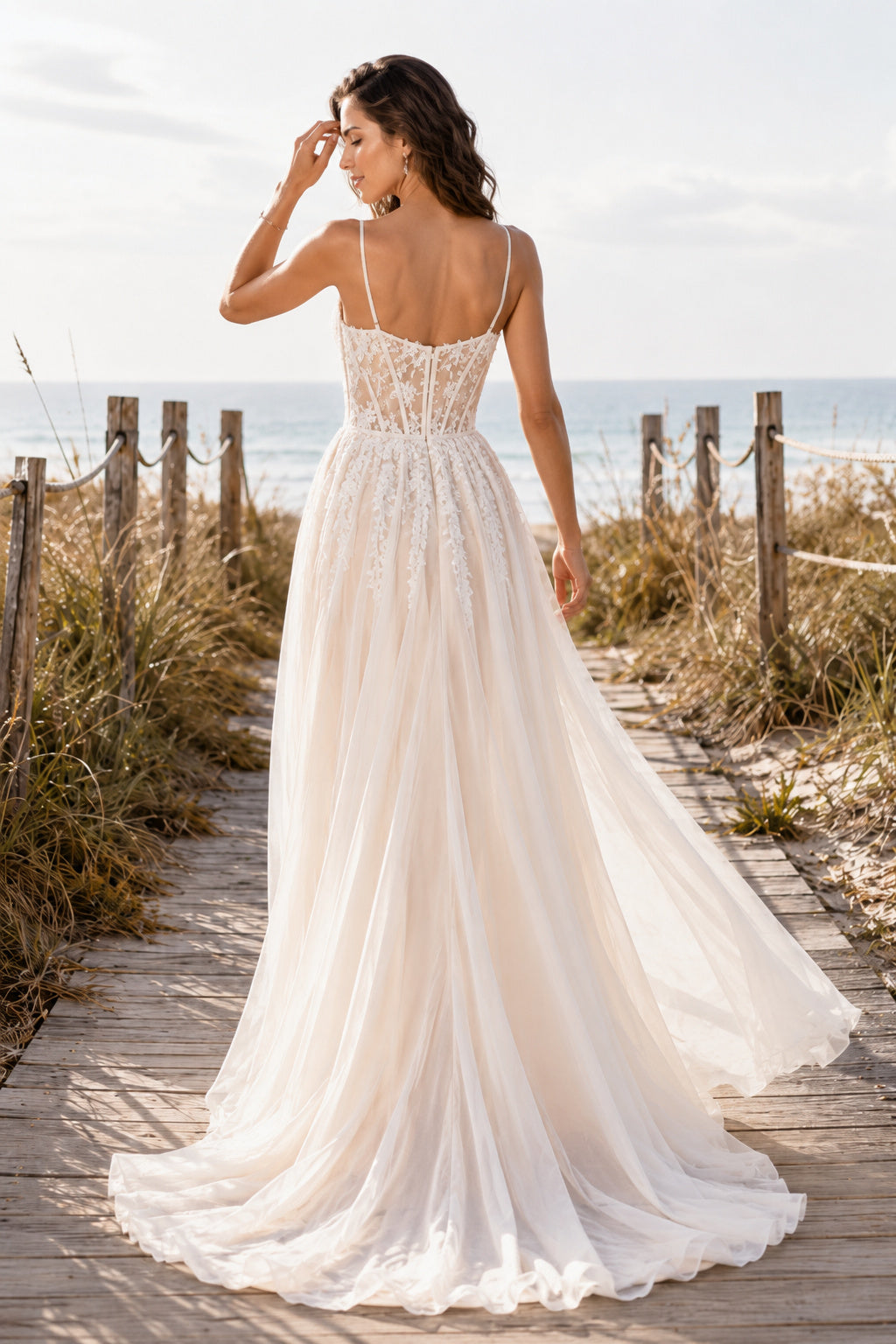 Ivory Spaghetti Strap Chiffon A-Line Wedding Dress with Lace Bodice back view