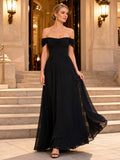 Black Off Shoulder Chiffon A Line Formal Gown With Flowing Skirt front view