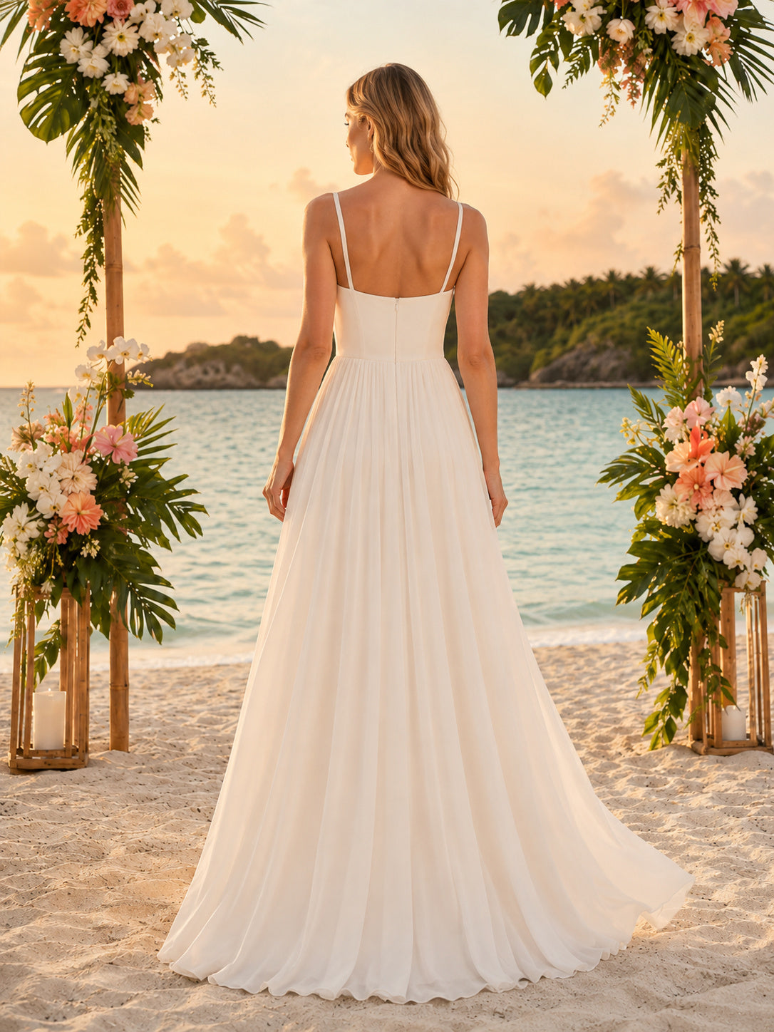 Simple Square Neck Chiffon Tropical Beach Bridal Gown back view