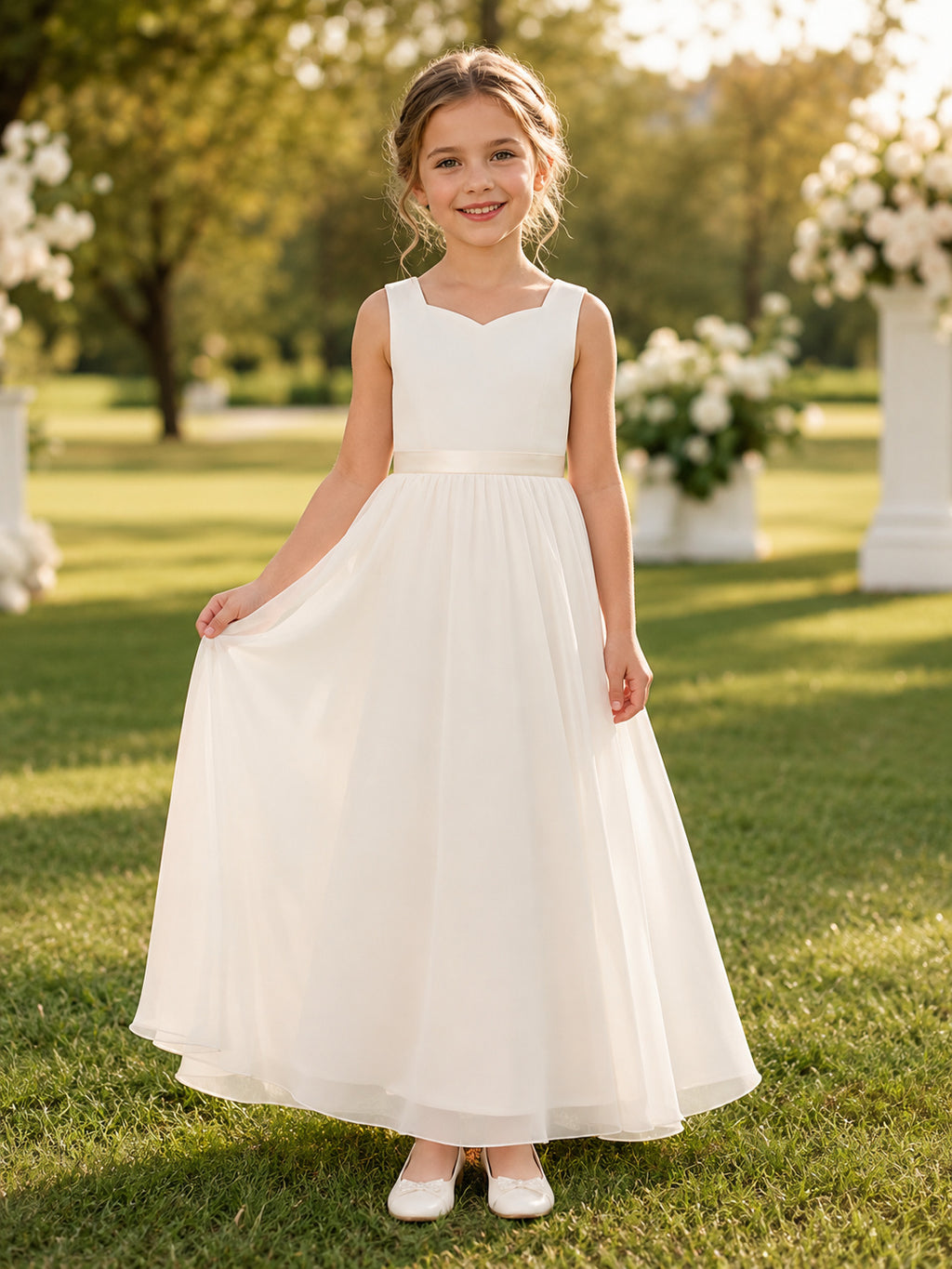 Sleeveless White Tulle A-Line Flower Girl Dress with jewel Neckline and Floor length Skirt with Soft Pleating front view