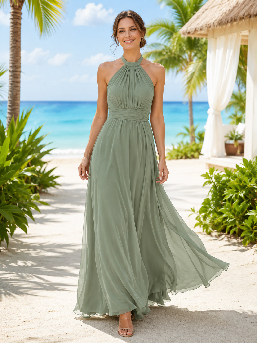 Sage Tropical Beach A-Line Chiffon Bridesmaid Dress with Sleeveless Halter High Neck Bodice, Pleated Floor-Length Skirt and K