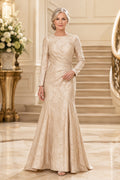Champagne Long Sleeve Satin Sheath Mother Dress with Subtle Jacquard Texture front view