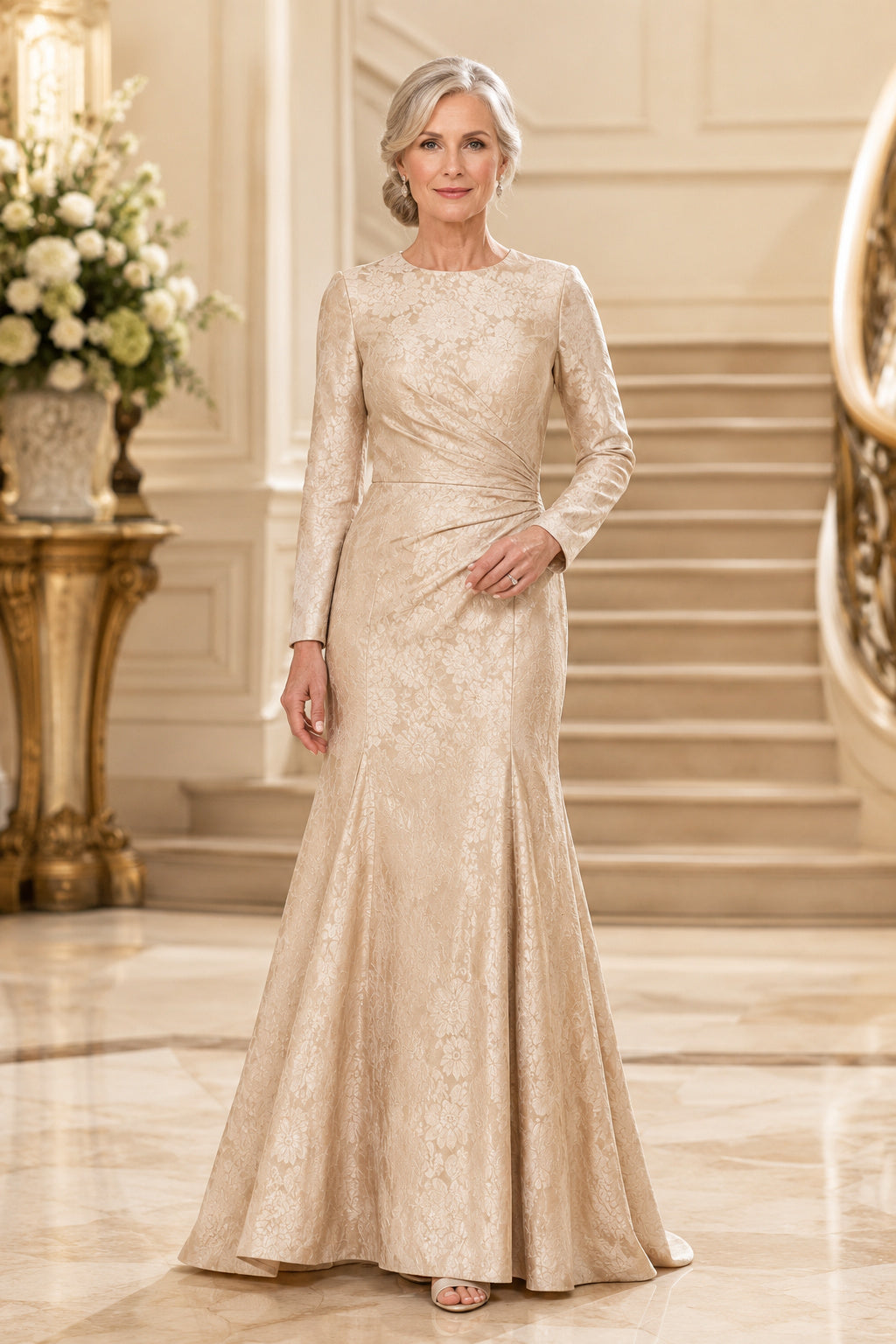 Champagne Long Sleeve Satin Sheath Mother Dress with Subtle Jacquard Texture front view