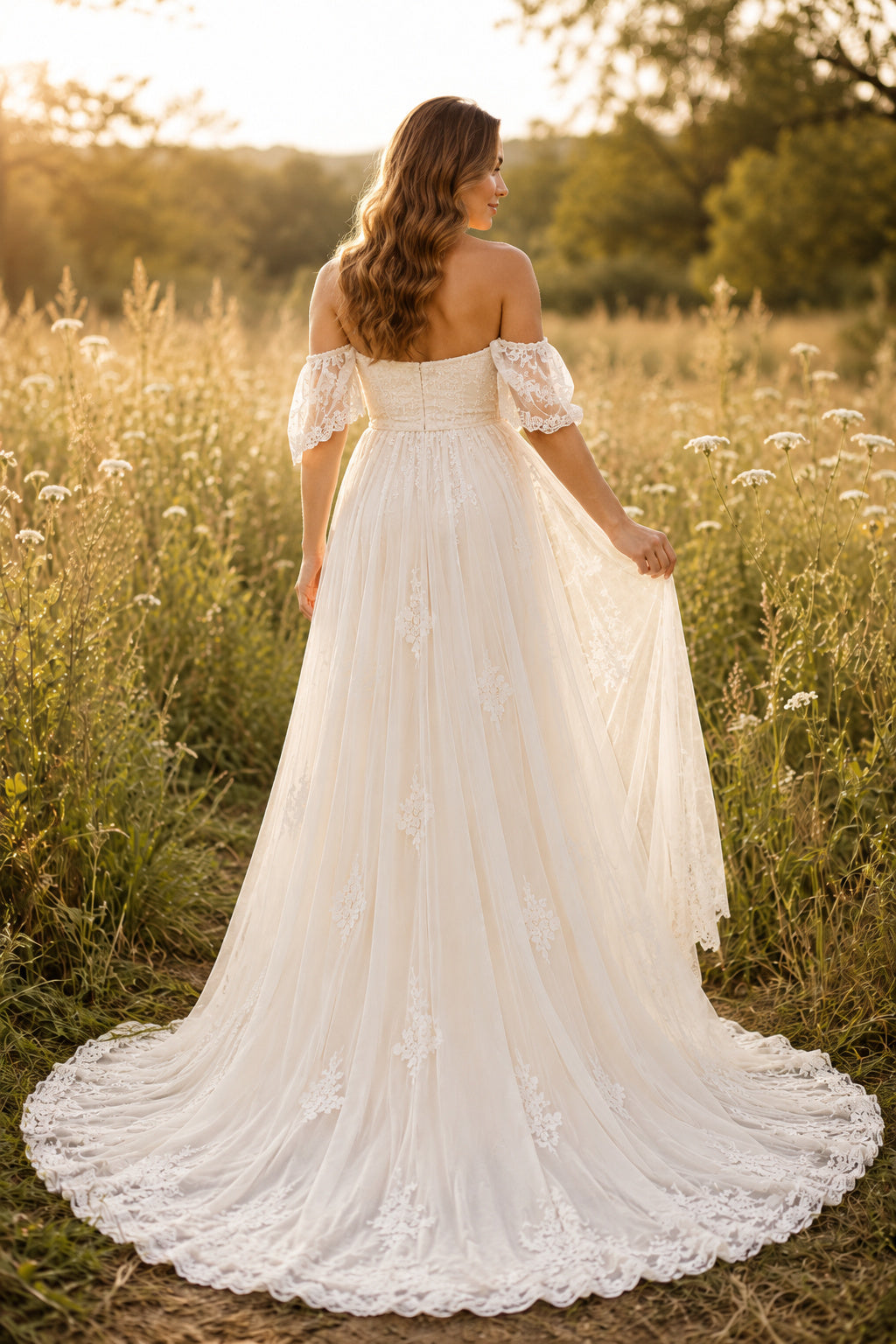 Ivory Off-the-Shoulder Lace Maternity Wedding Dress with Full Train back view