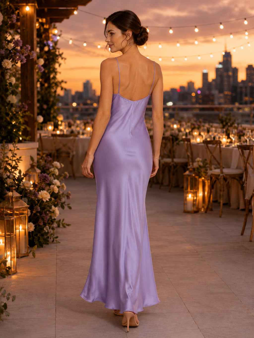 Lavender Sweetheart Spaghetti Strap Satin Ankle Length Slip Guest Dress back view
