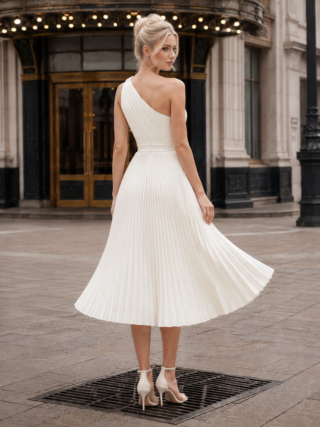 One Shoulder Pleated Tea Length City Bridal Midi Dress back view