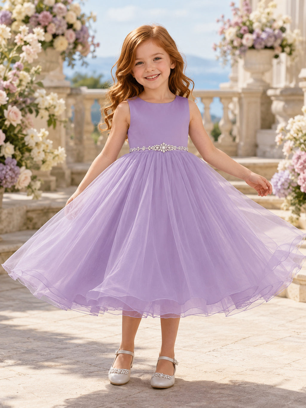 Flower Girl Dress Lavender Satin Tulle A-Line Sleeveless Jewel Neck Tea Length Sash Detail front view