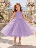 Flower Girl Dress Lavender Satin Tulle A-Line Sleeveless Jewel Neck Tea Length Sash Detail front view