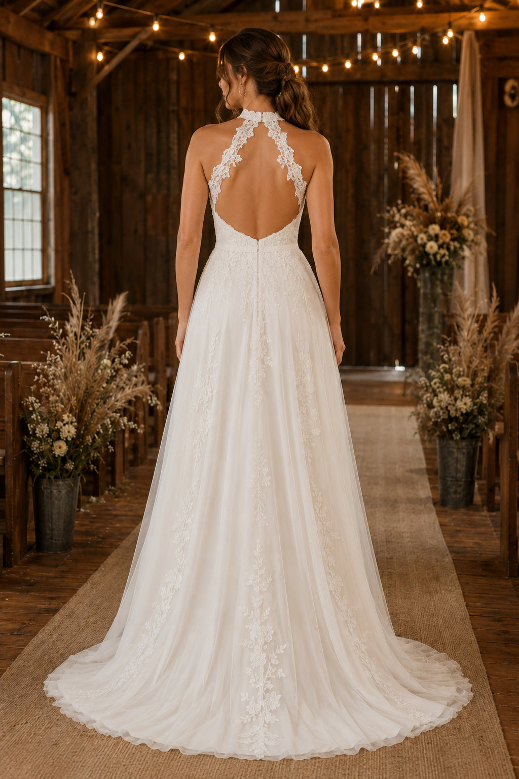 Ivory Halter Neck Lace A-Line Wedding Dress with Sleeveless Bodice and Soft Train back view