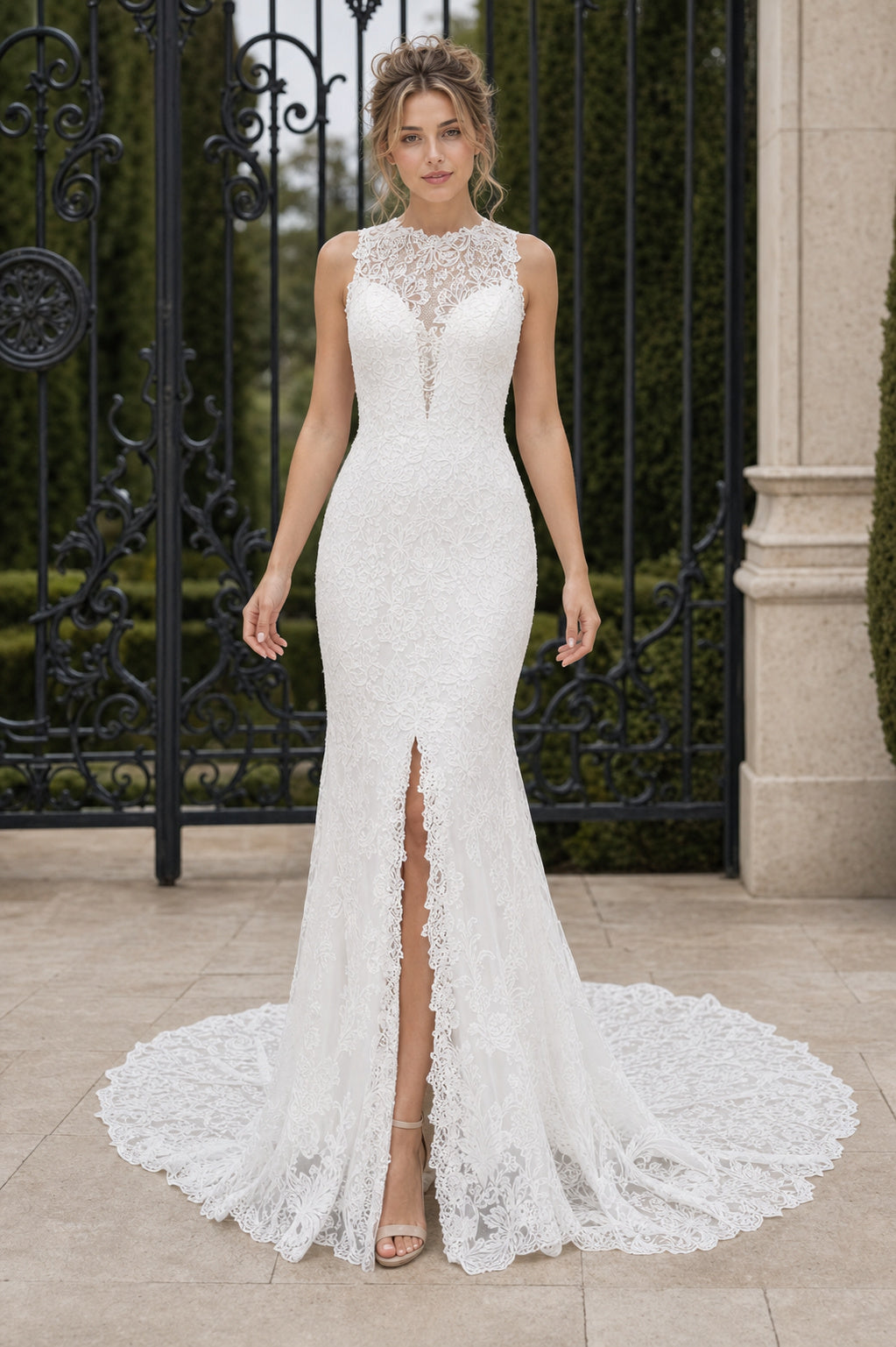 White Sweetheart Mermaid Lace Floor-length Wedding Dress With Lace and Sweep Train and Open Back