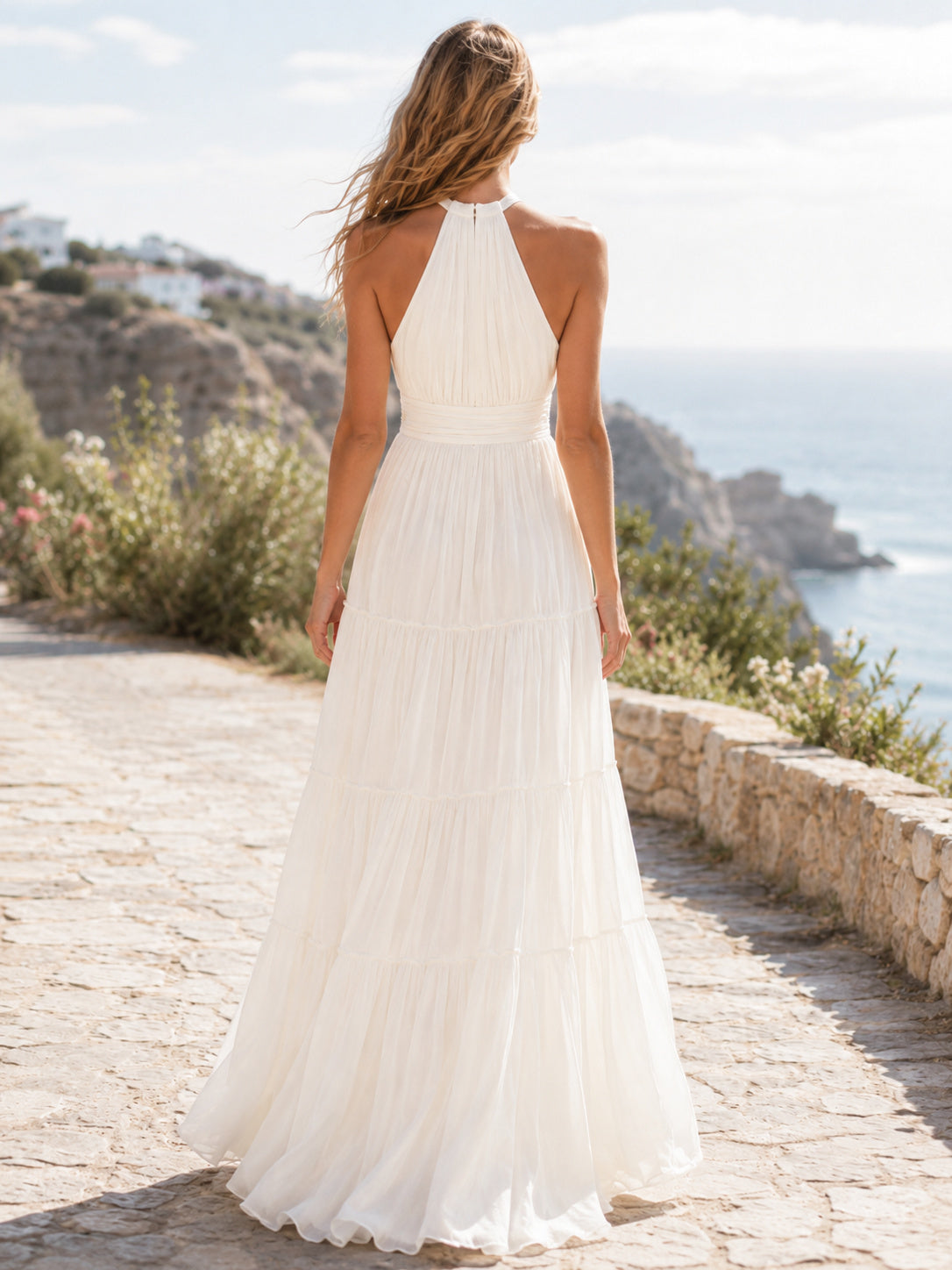 Beach Tulle Wedding Dress A-Line Halter Sleeveless Sweep Train Bridal Gown back view