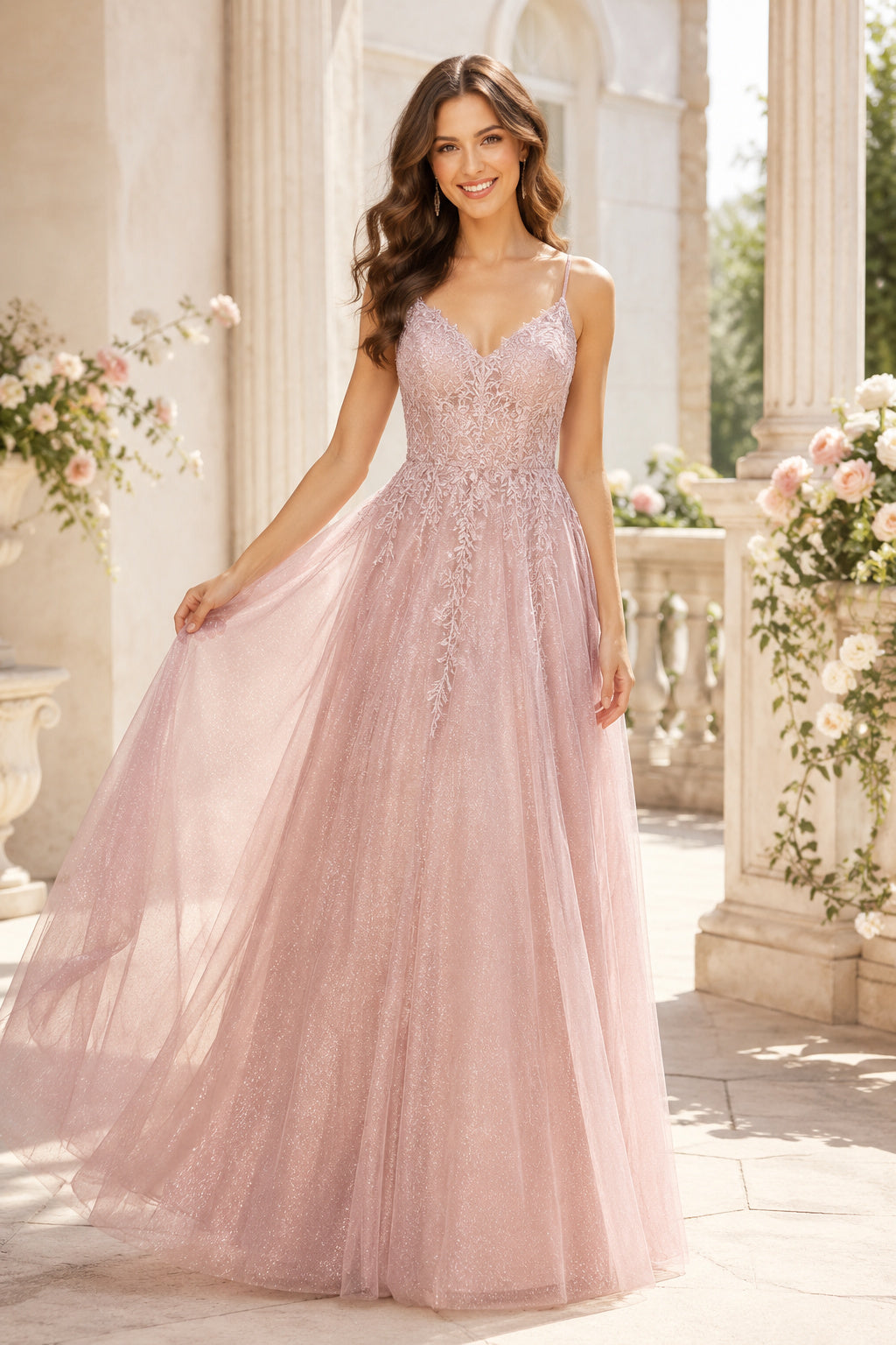 Blushing Pink Spaghetti Strap Tulle A-Line Prom Dress with Lace Bodice front view