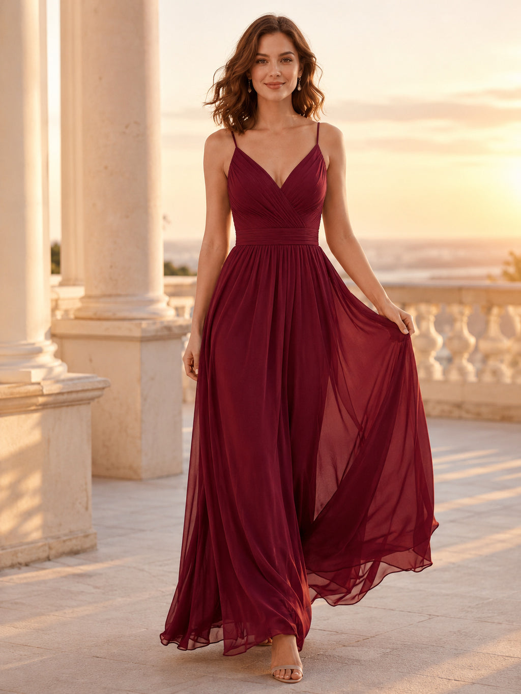 Burgundy Spaghetti Strap Chiffon A Line Evening Dress front view