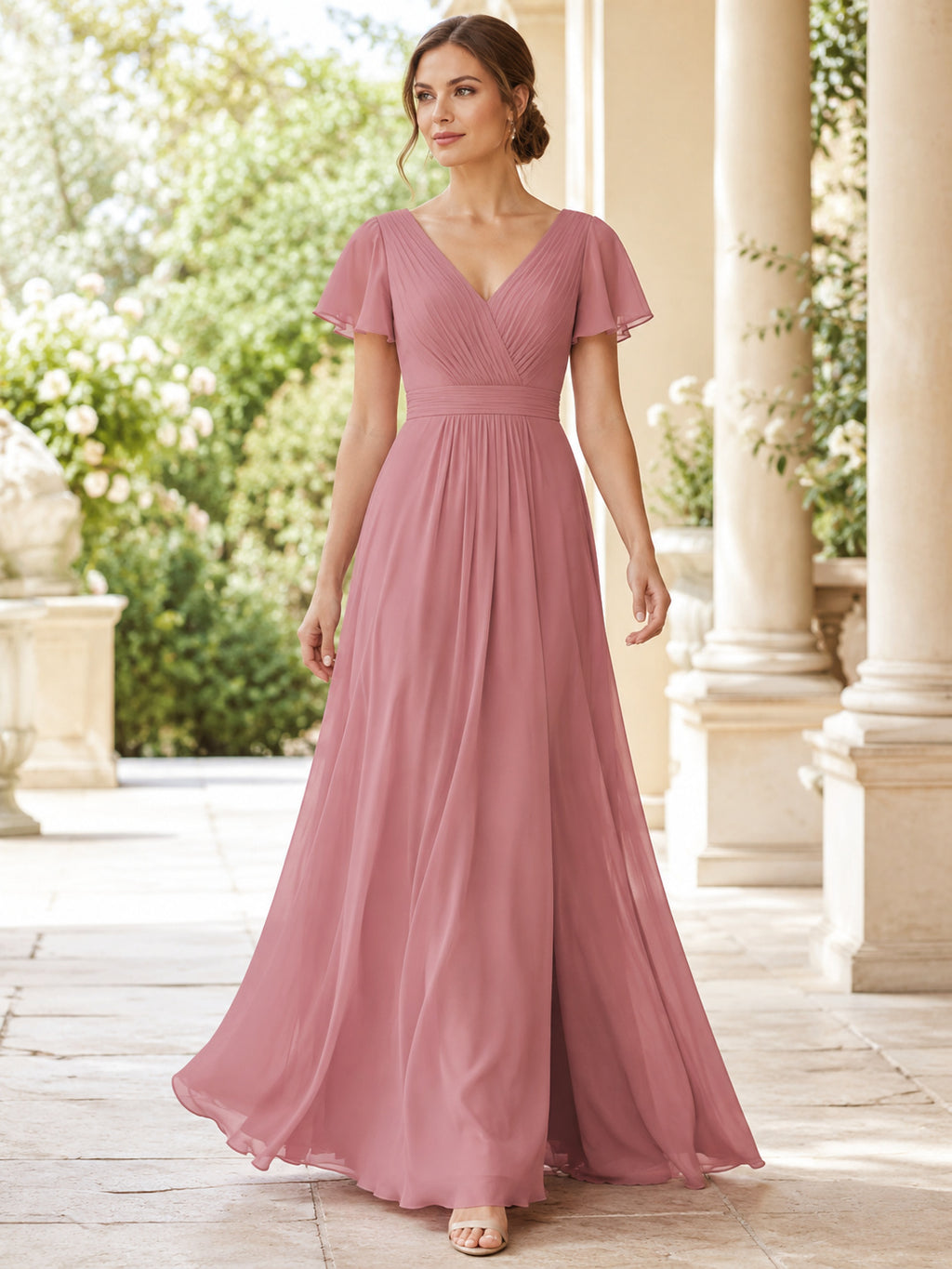Dusty Rose V-neck Chiffon Keyhole Back A-Line Gown front view
