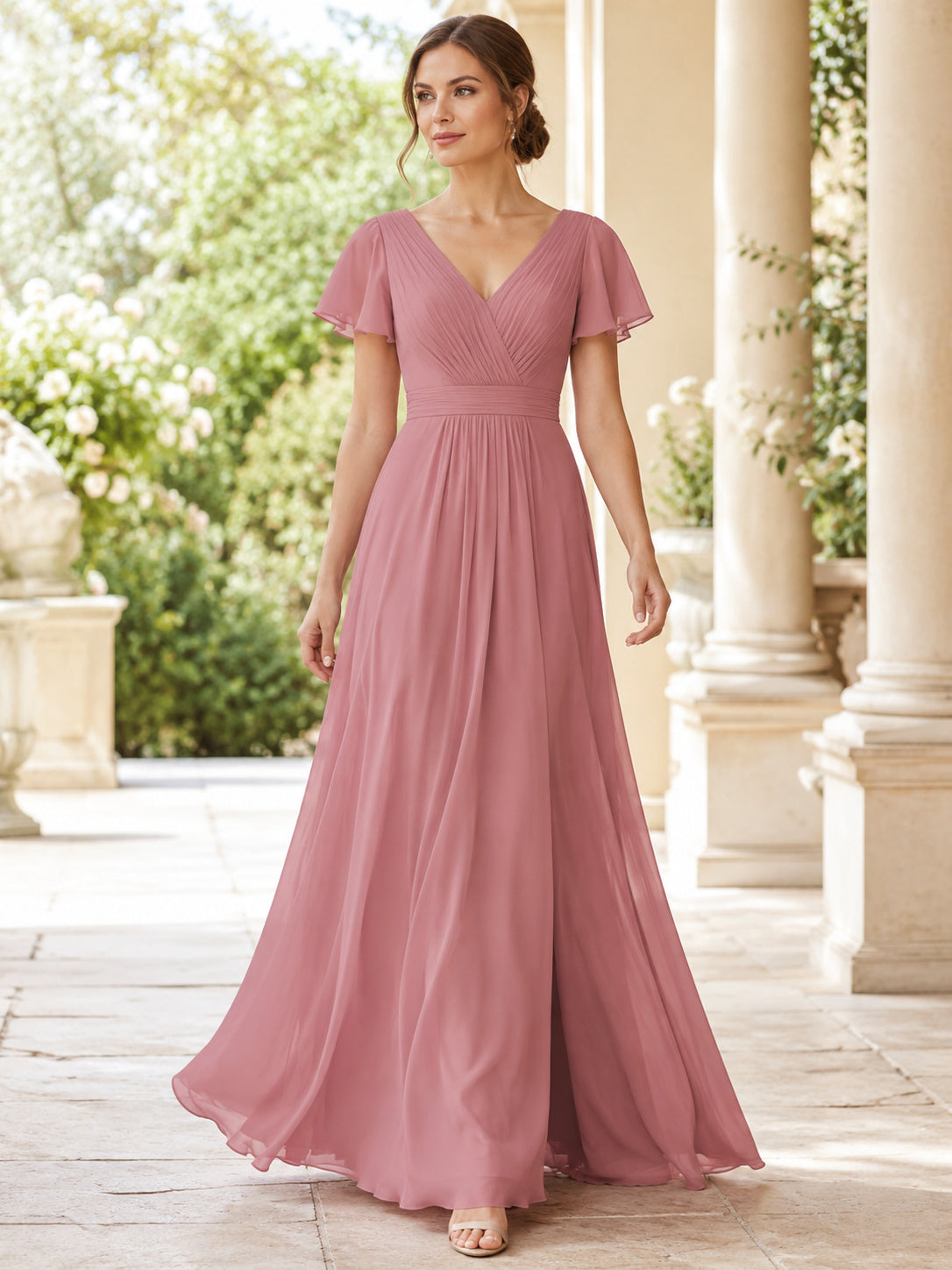 Dusty Rose V-neck Chiffon Keyhole Back A-Line Gown front view