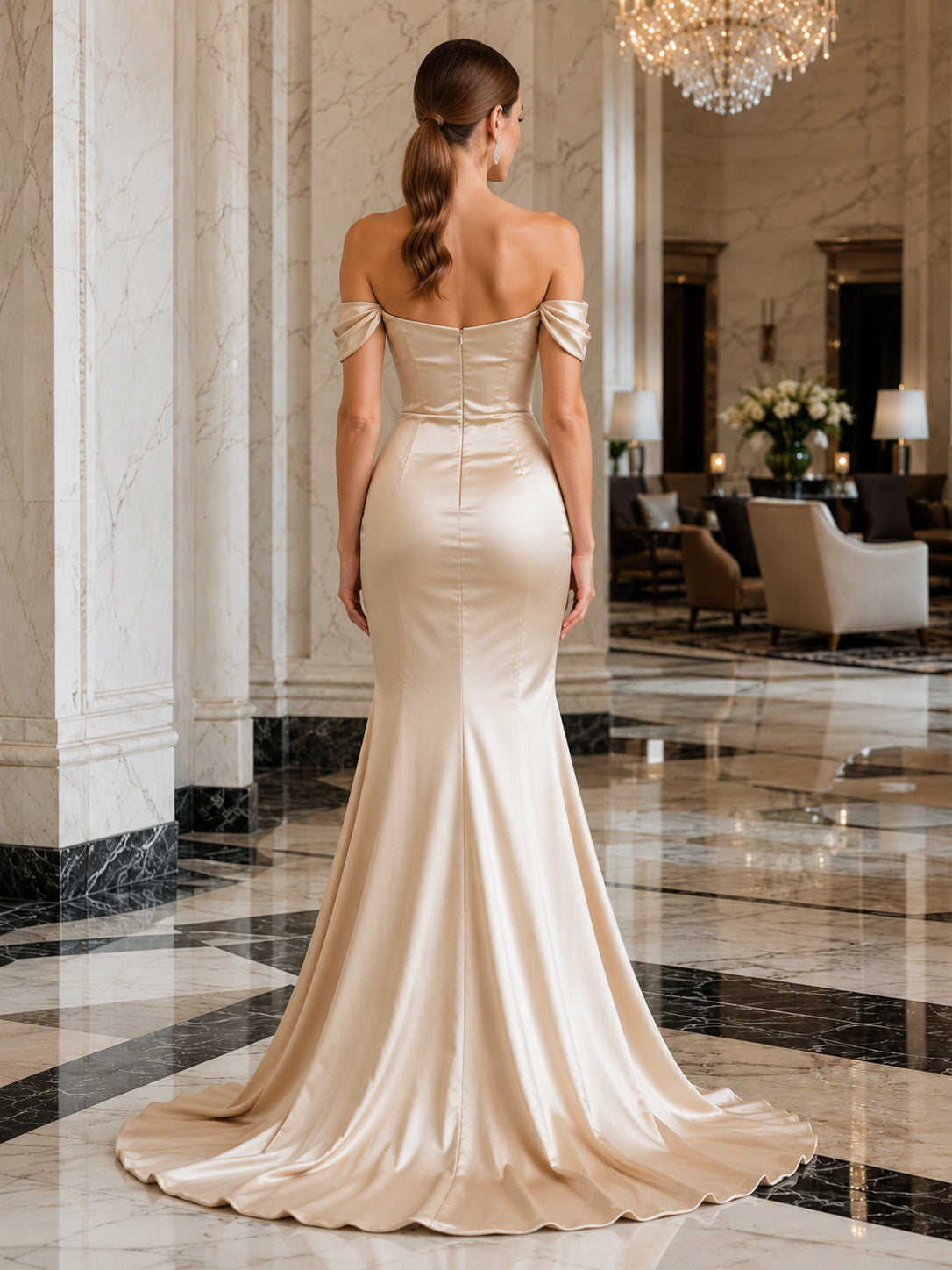 Champagne satin off shoulder mermaid hotel event gown back view