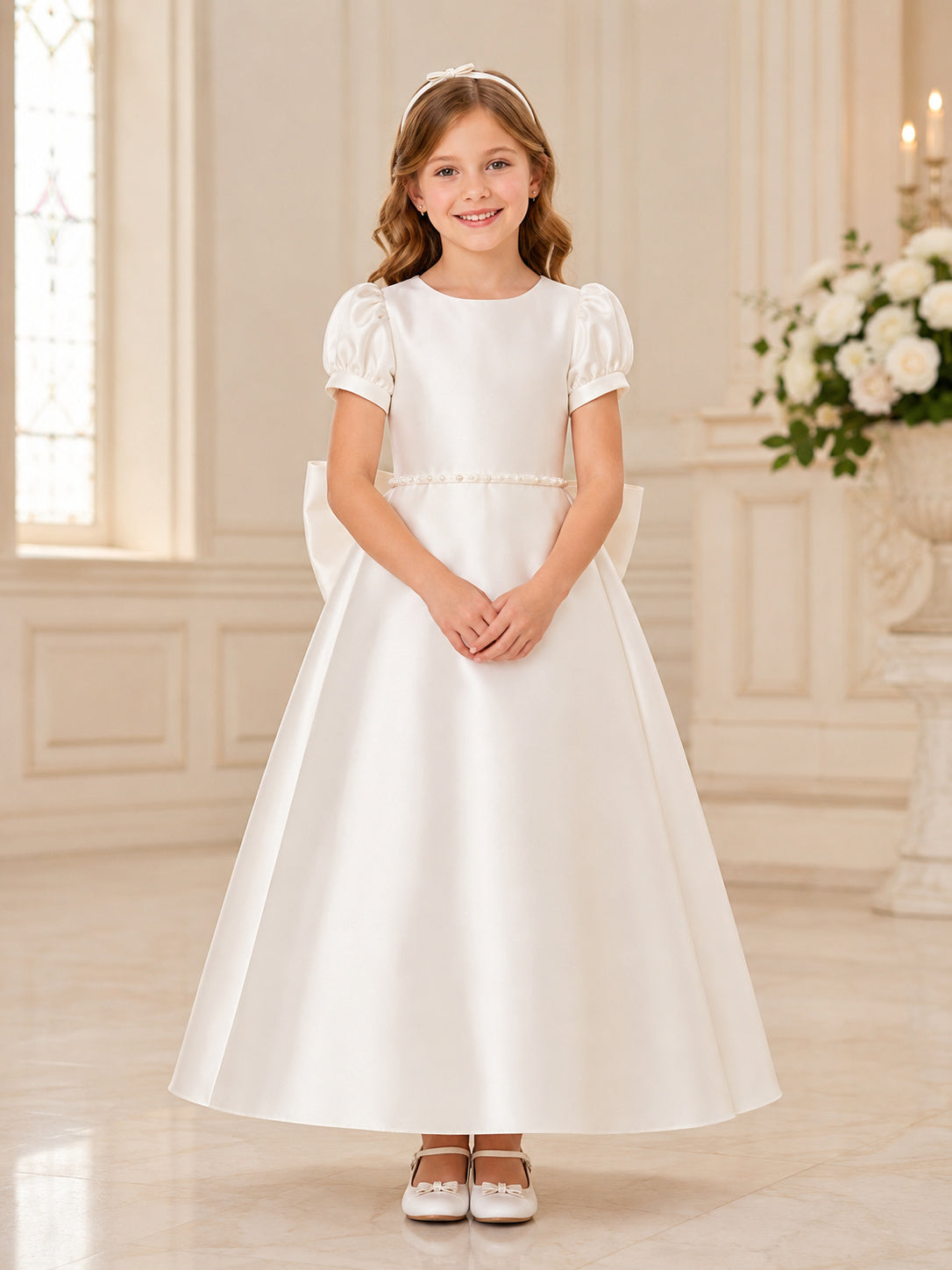 Puff Sleeve Satin Bow Tea Length Communion Flowergirl Church Dress front view